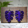Large Monstera Earrings Sparkling Purple
