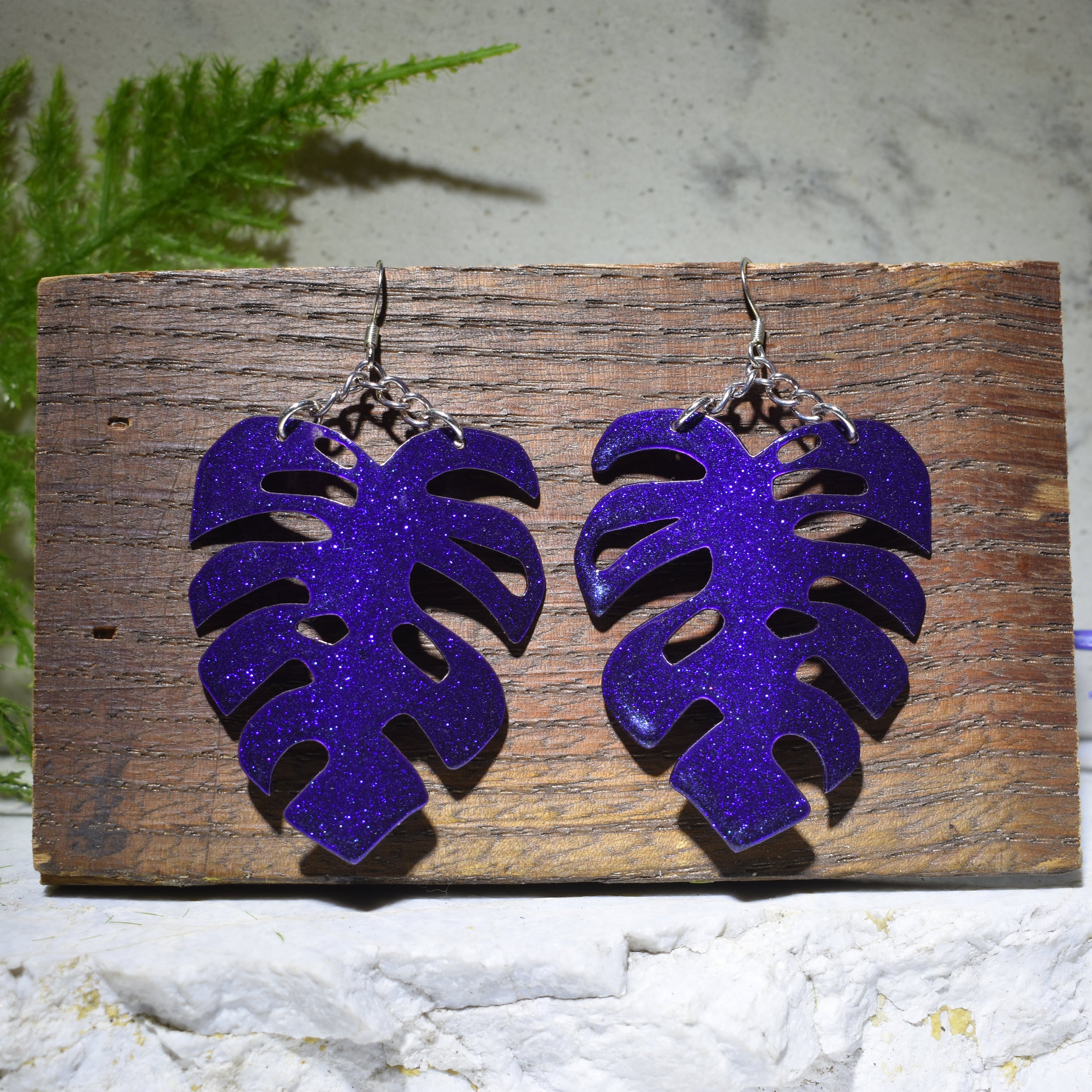 Large Monstera Earrings Sparkling Purple