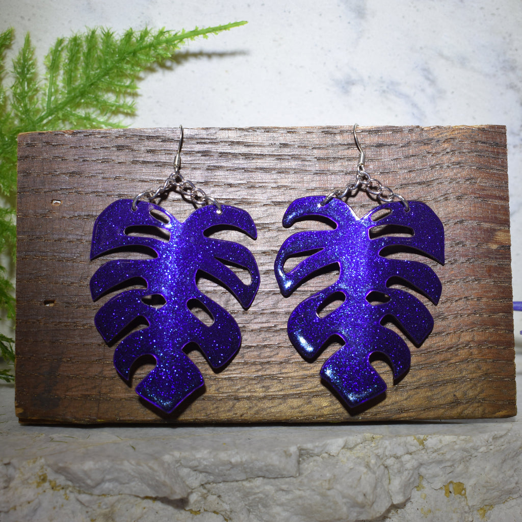 Large Monstera Earrings Sparkling Purple