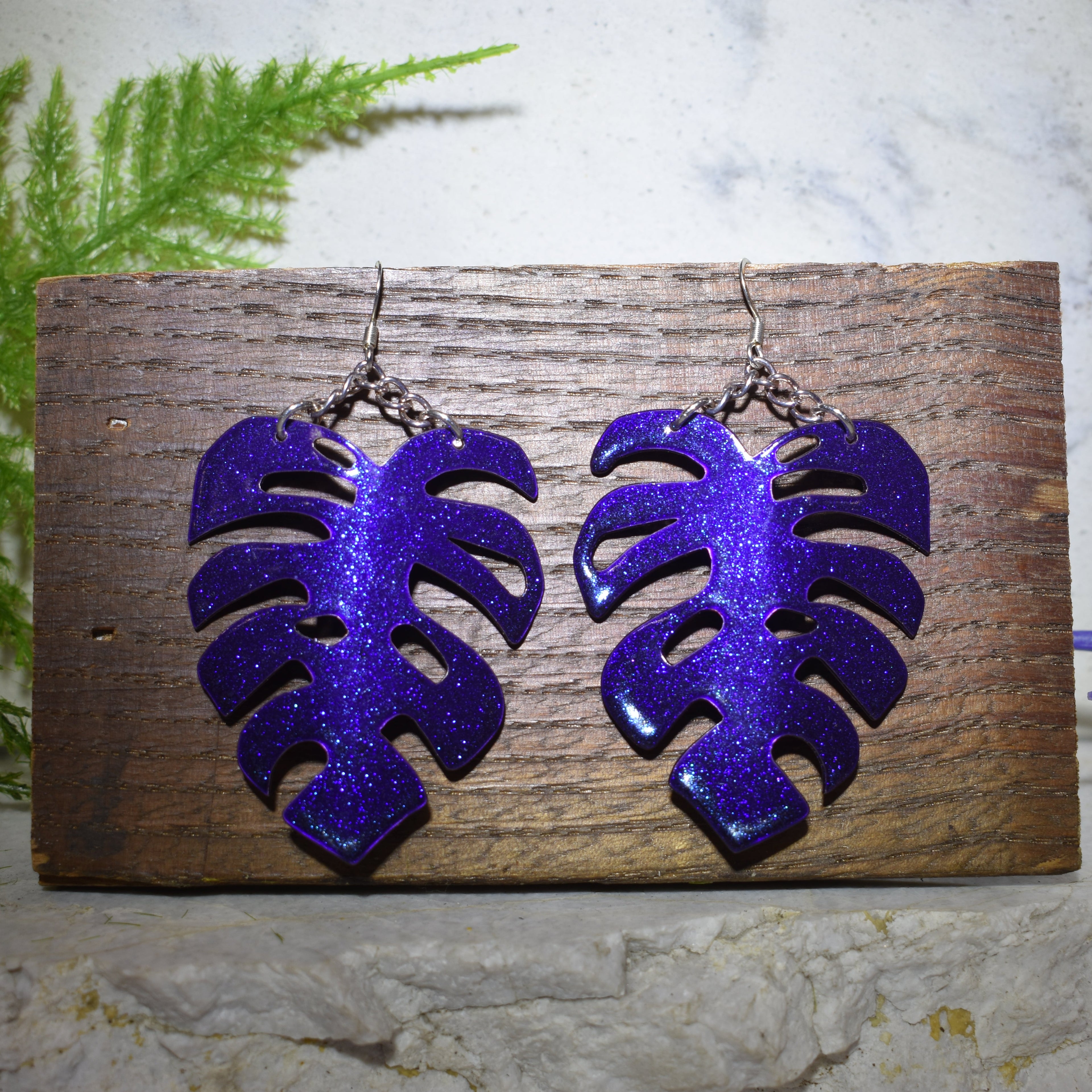 Large Monstera Earrings Sparkling Purple