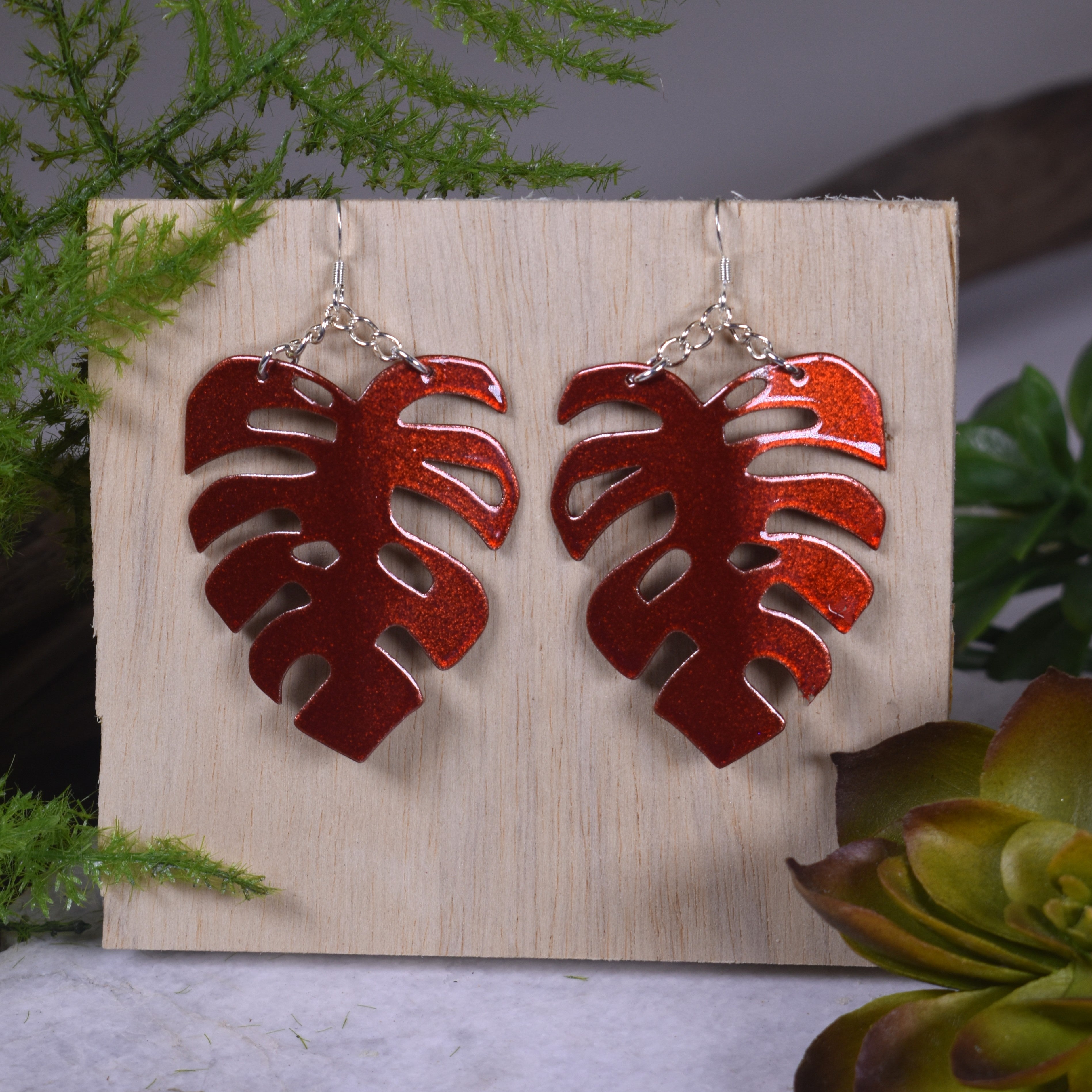 Sparkling Copper Large Monstera Earrings