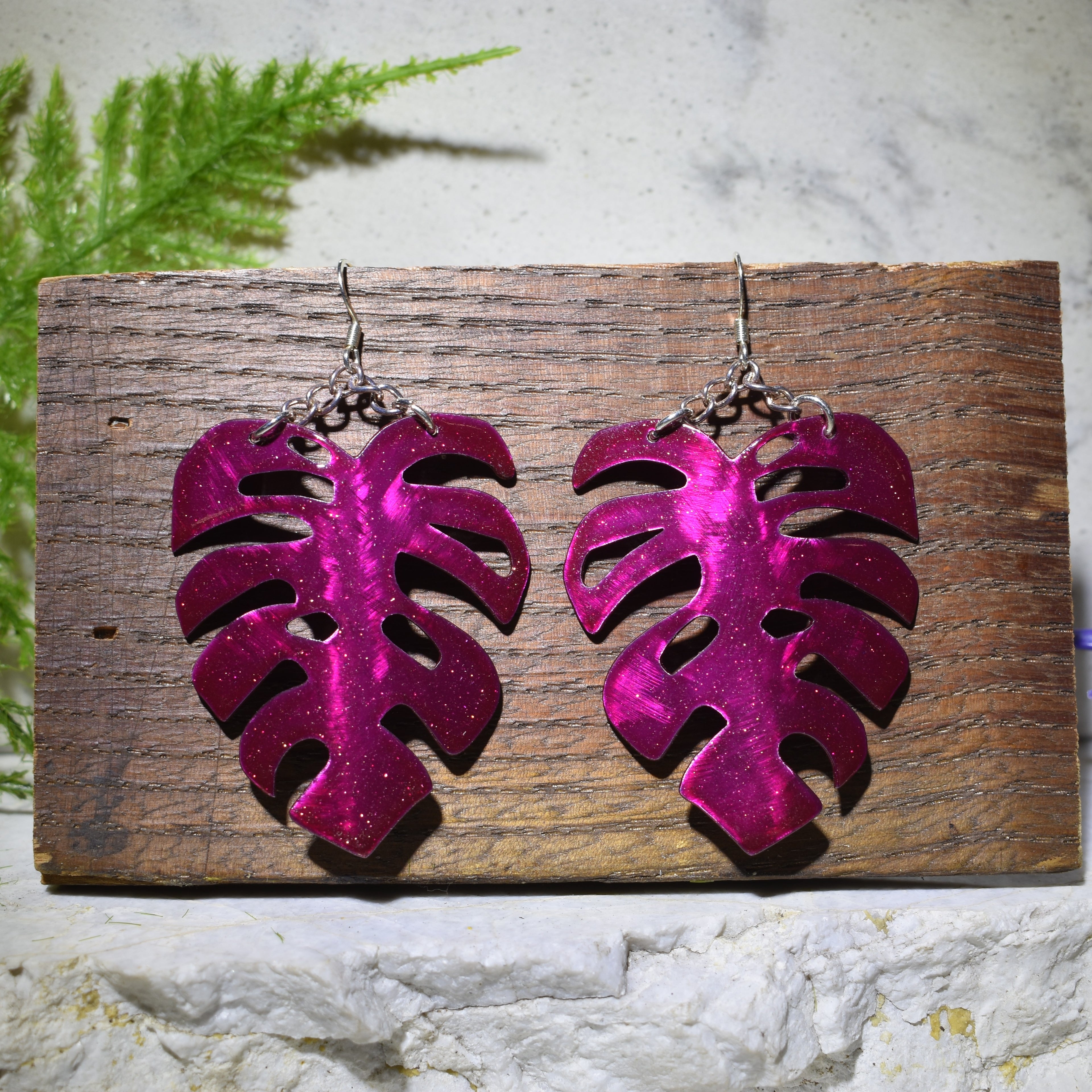 Large Monstera Earrings Candy Raspberry