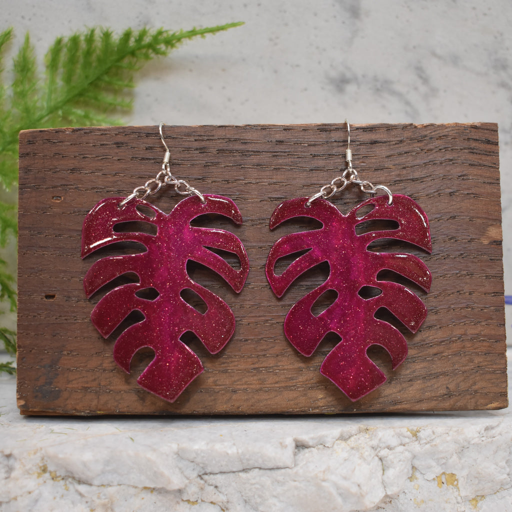 Large Monstera Earrings Candy Raspberry