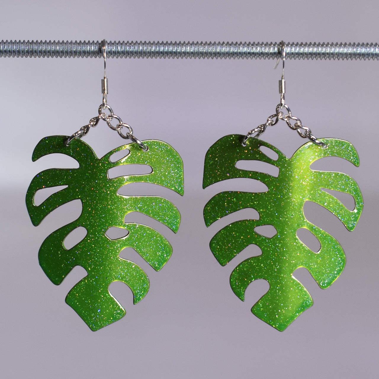 Large Monstera Earring in sparkly green