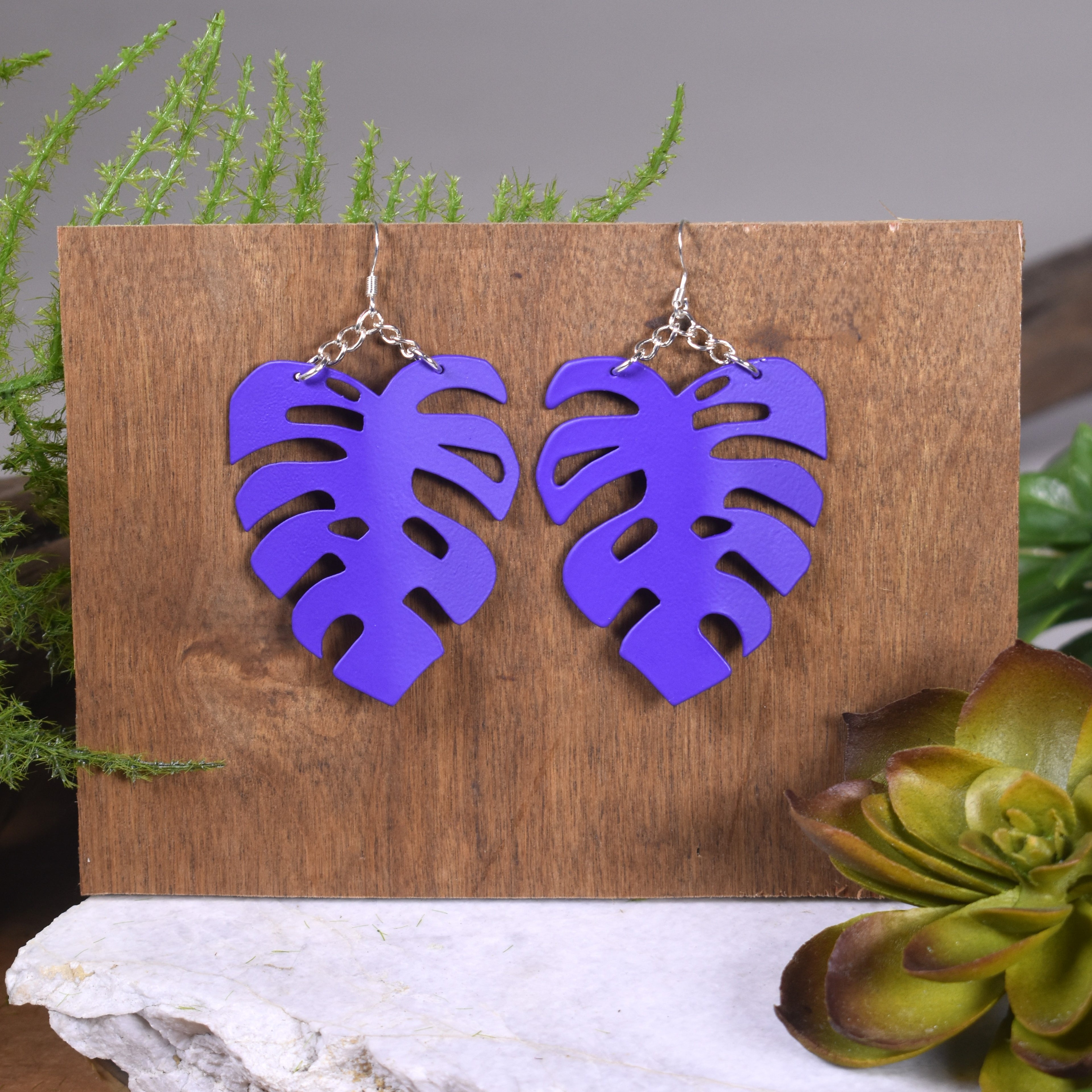 Matte Purple Large Monstera Earrings