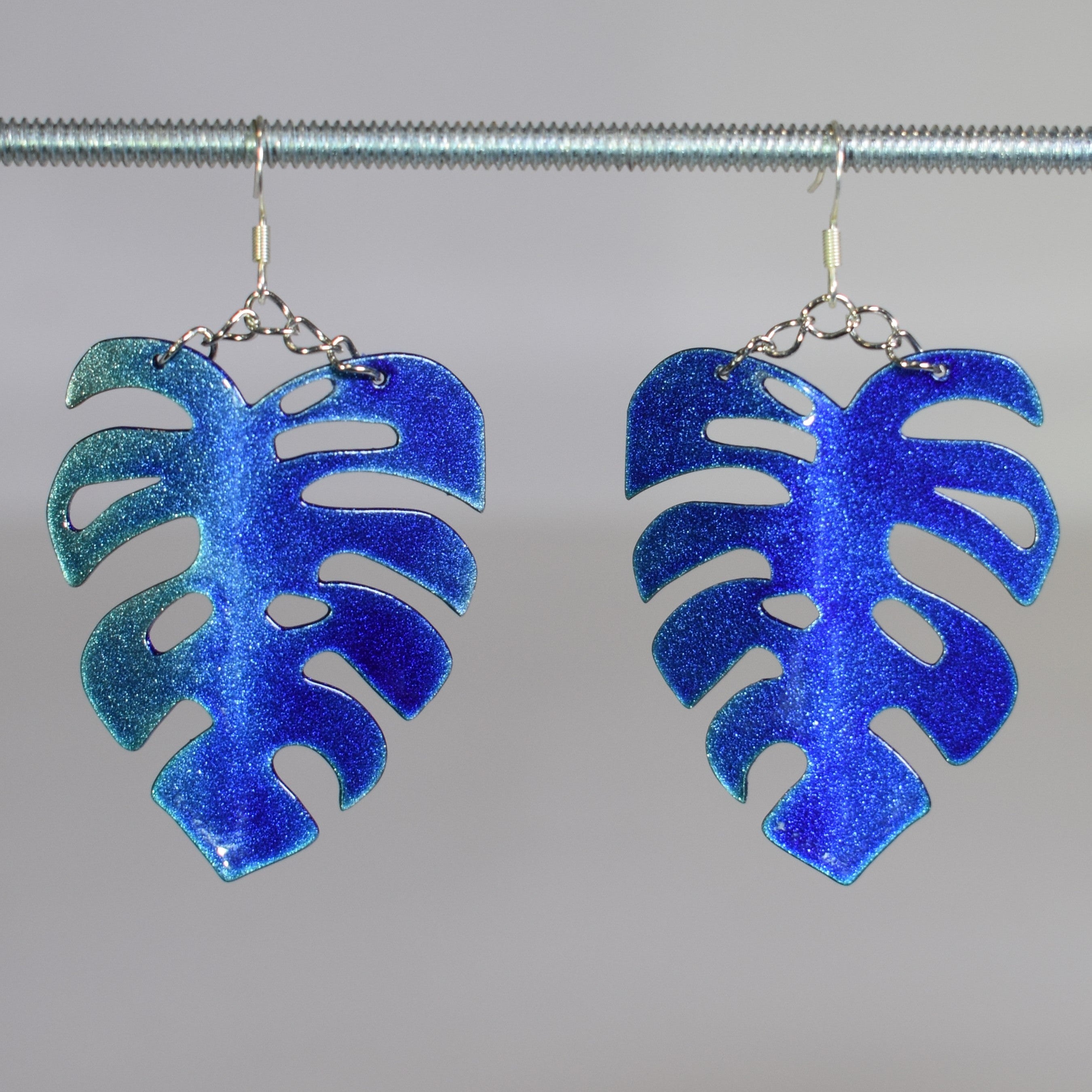 Large Monstera Earrings Dazzling Blue