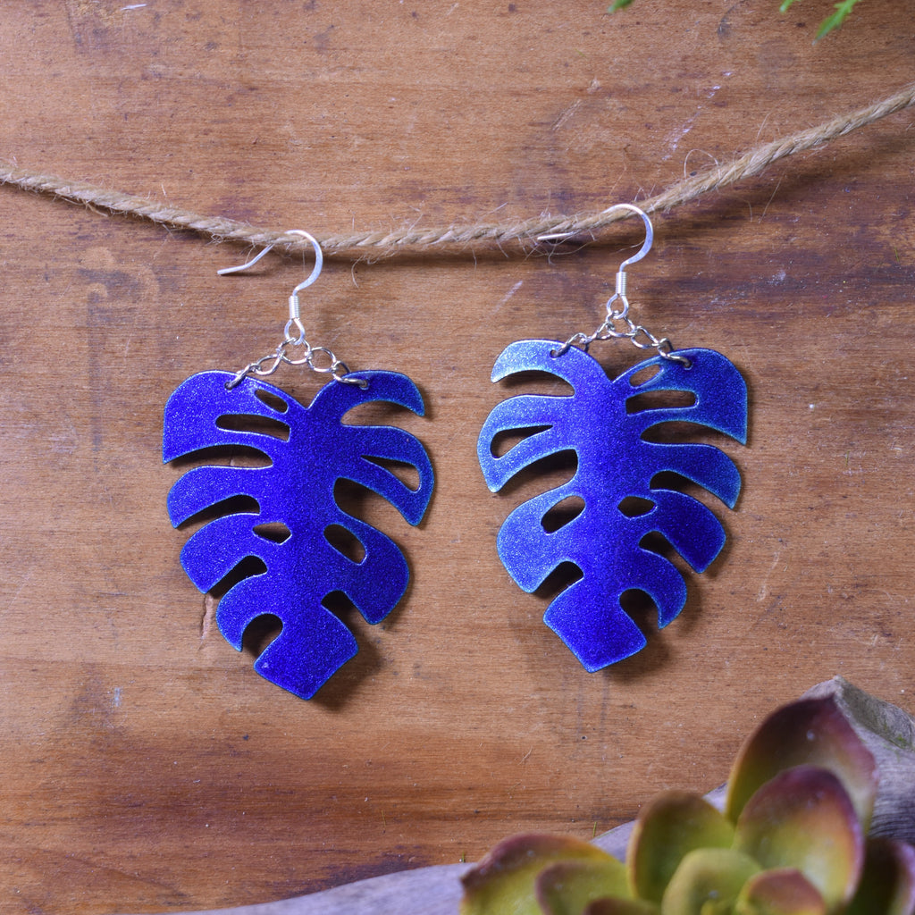 Large Monstera Earrings Dazzling Blue