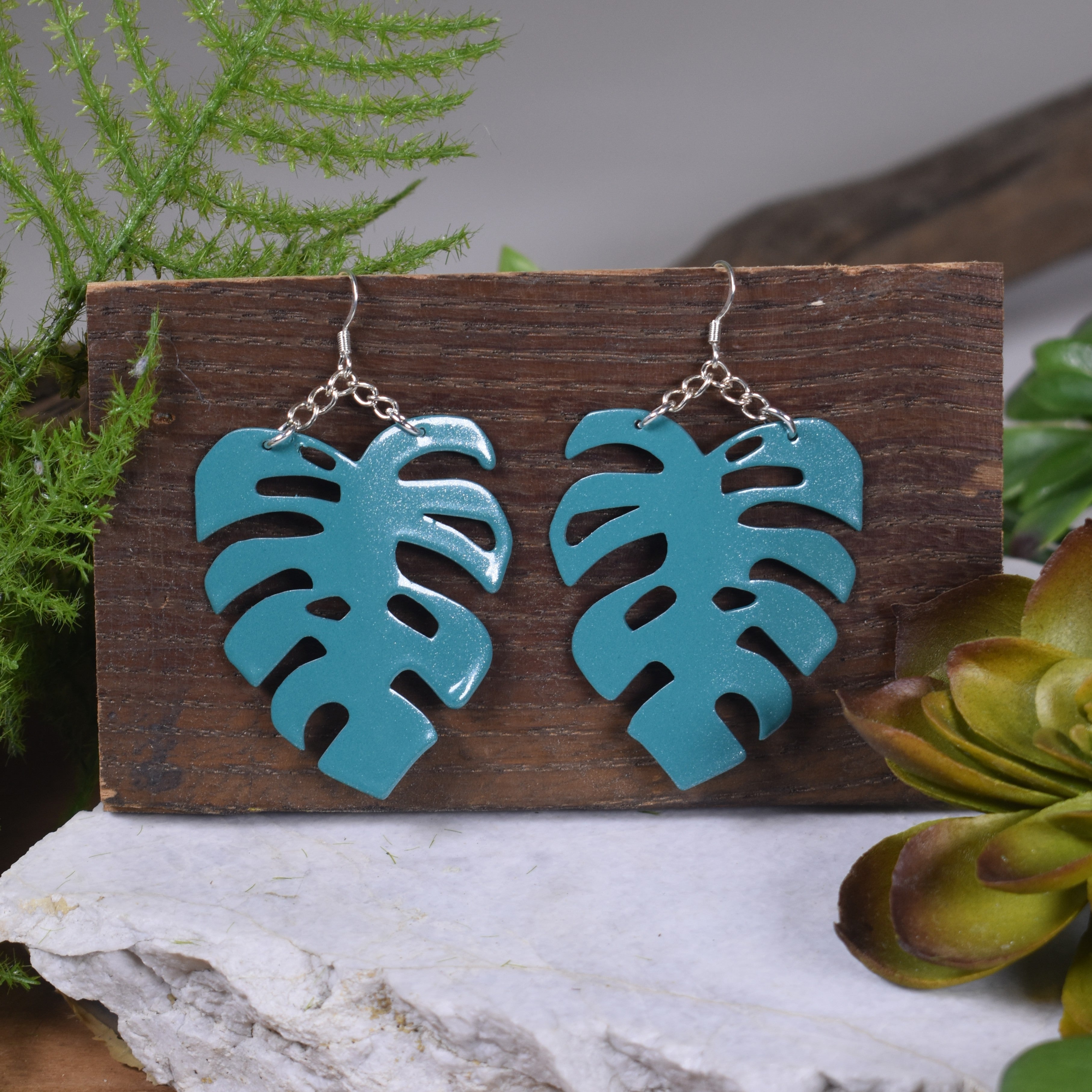 Base Teal Monstera Earrings Small