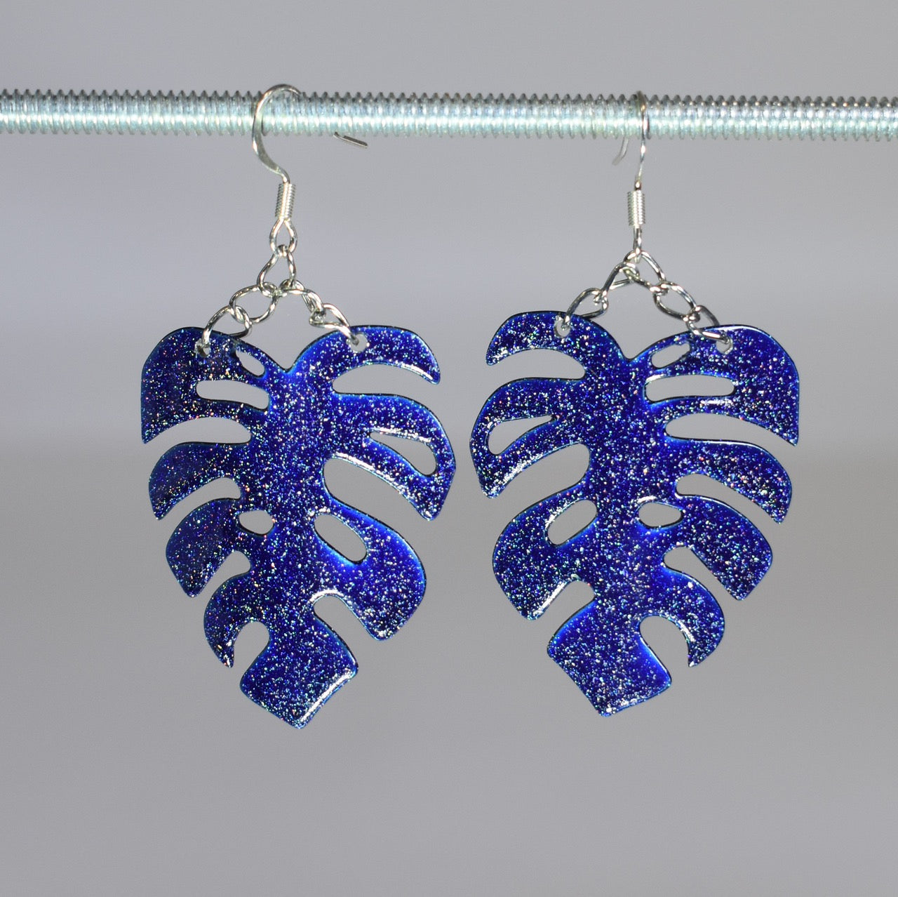 Small Monstera Earrings in Sparkle Deep Blue