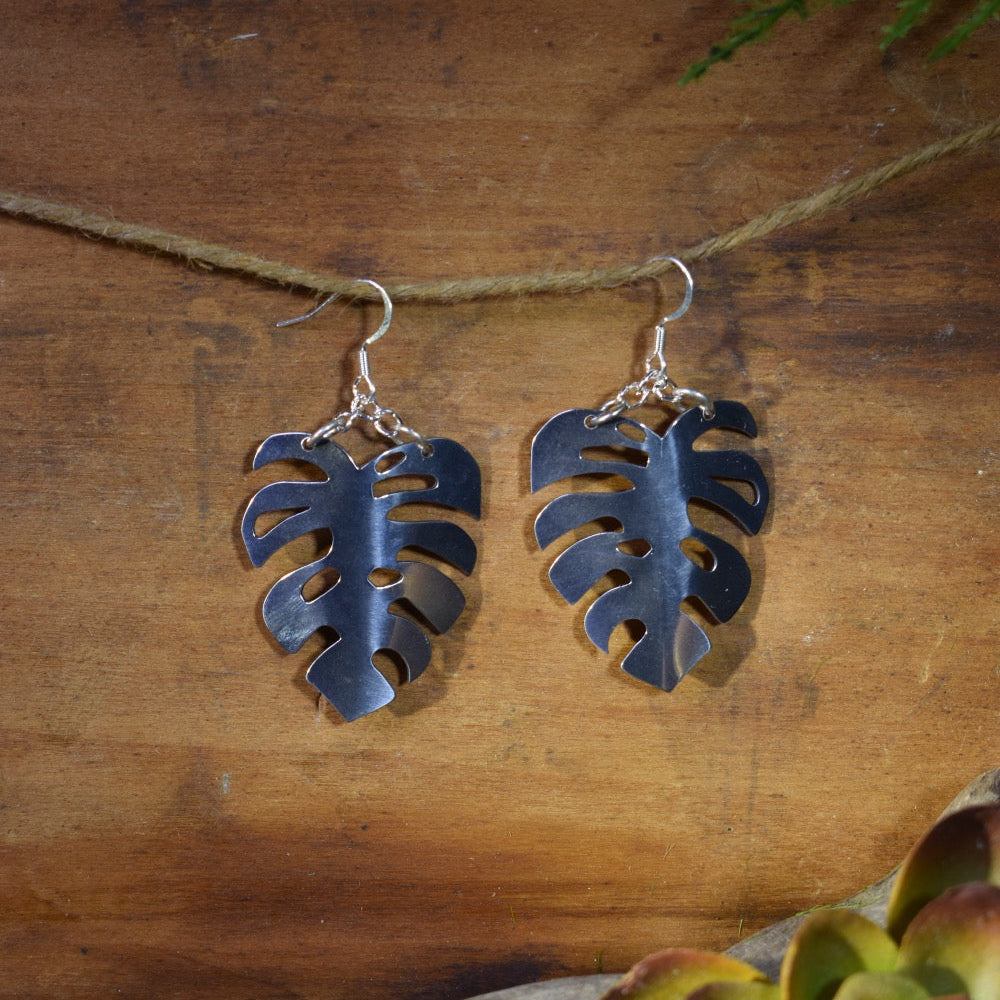 Polished stainless steel Monstera earrings