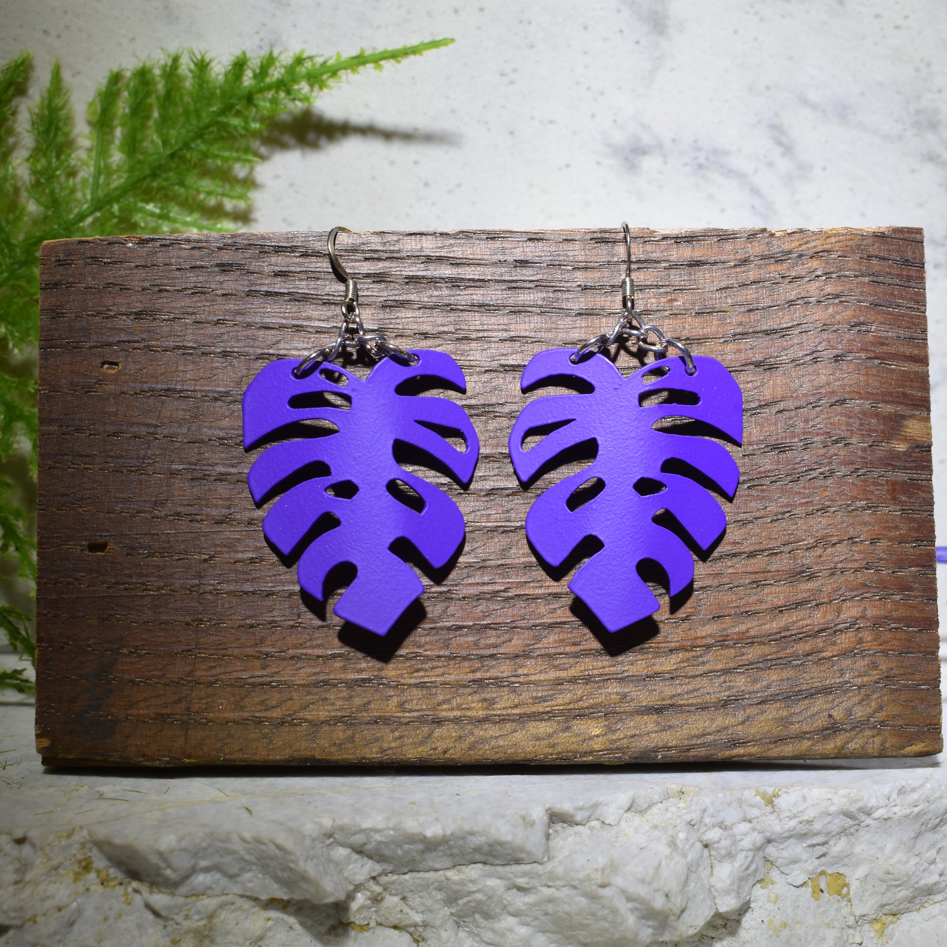 Monstera Earrings Matte Purple