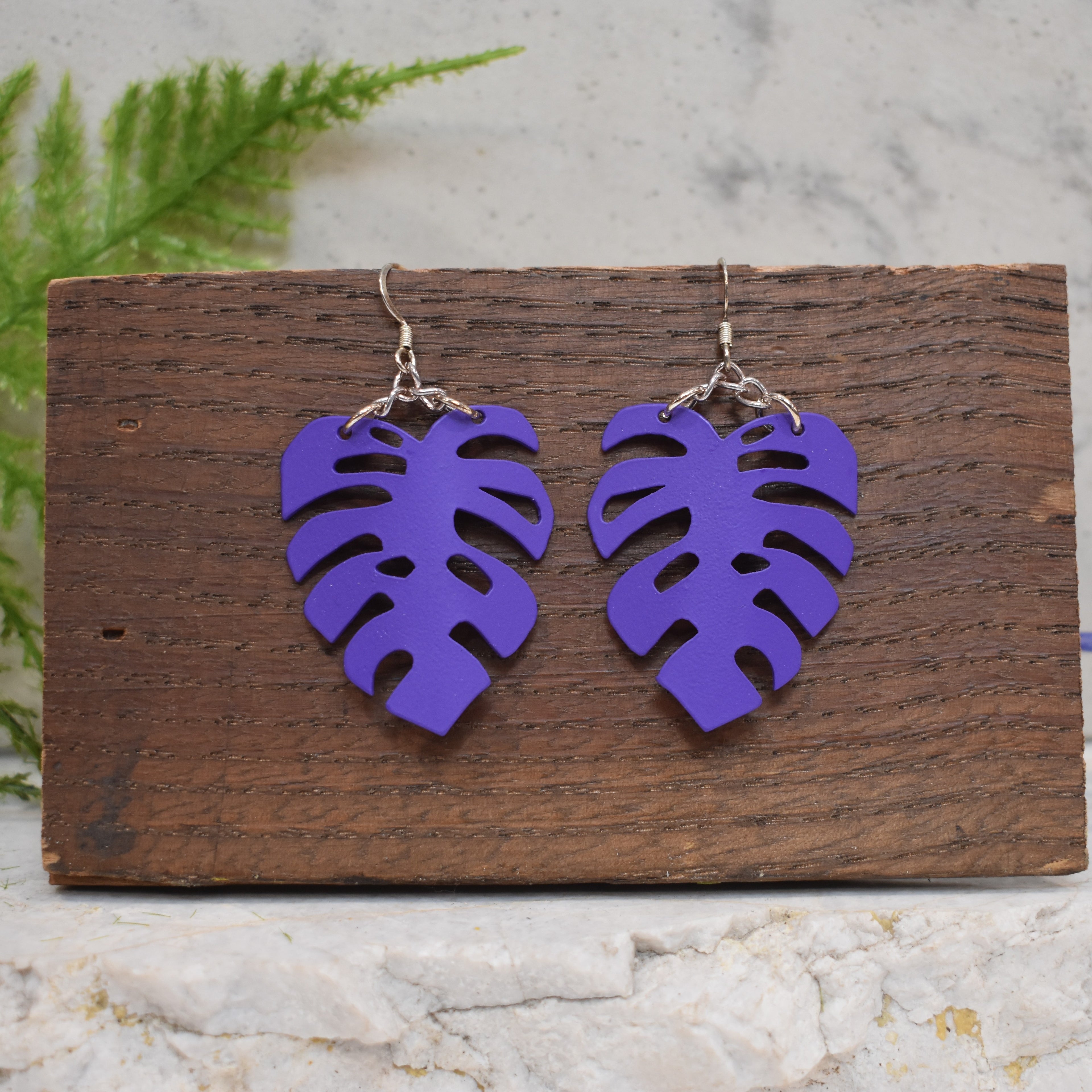 Monstera Earrings Matte Purple