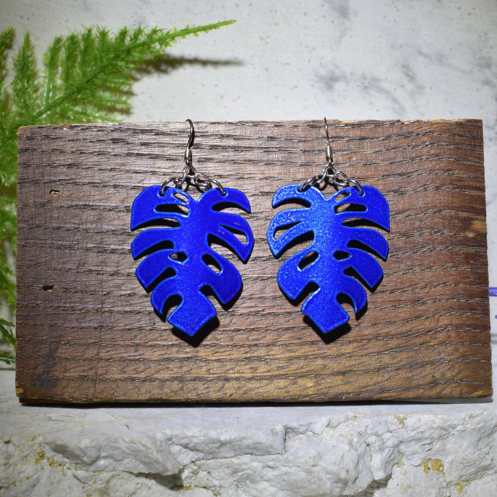 Monstera Earrings Bright Blue
