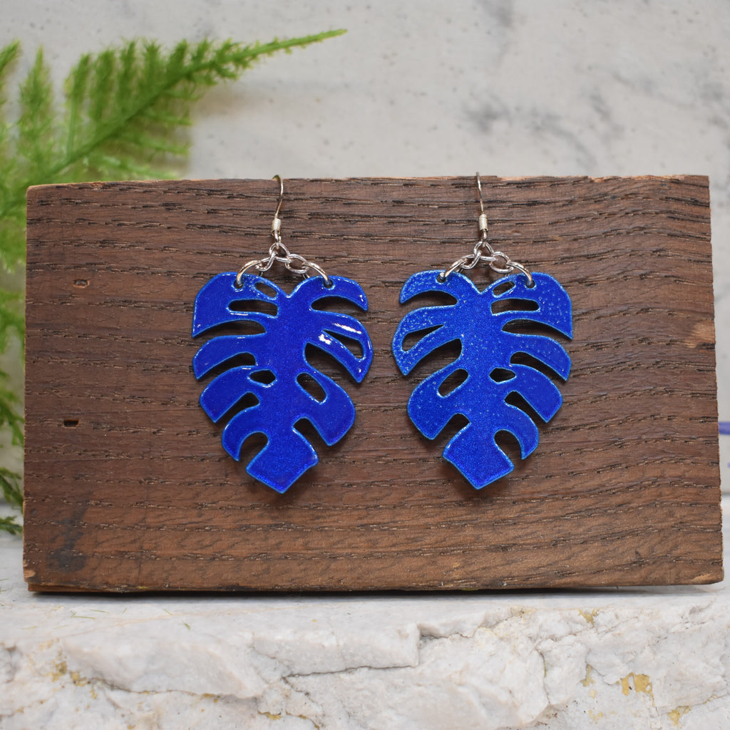 Monstera Earrings Bright Blue