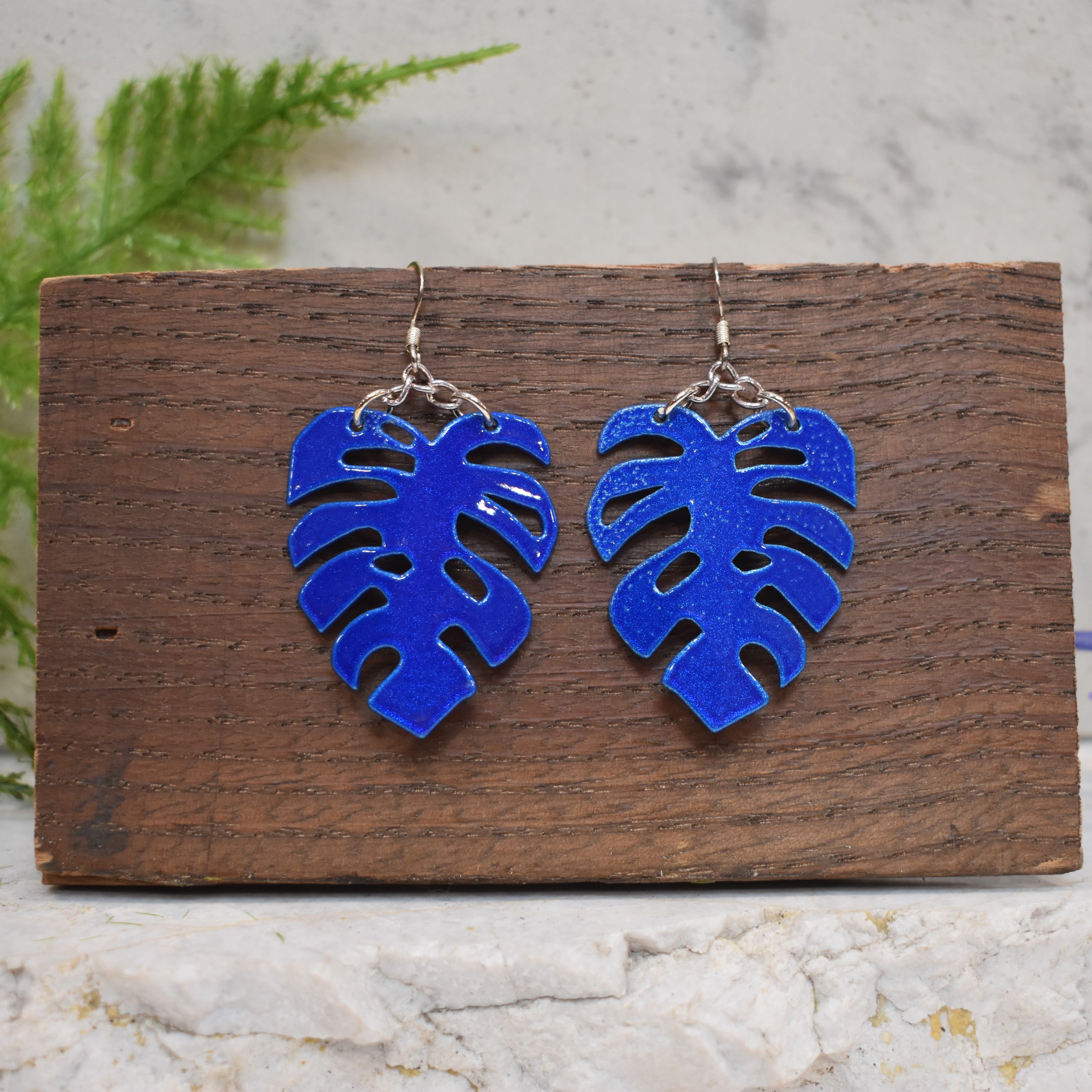 Monstera Earrings Bright Blue