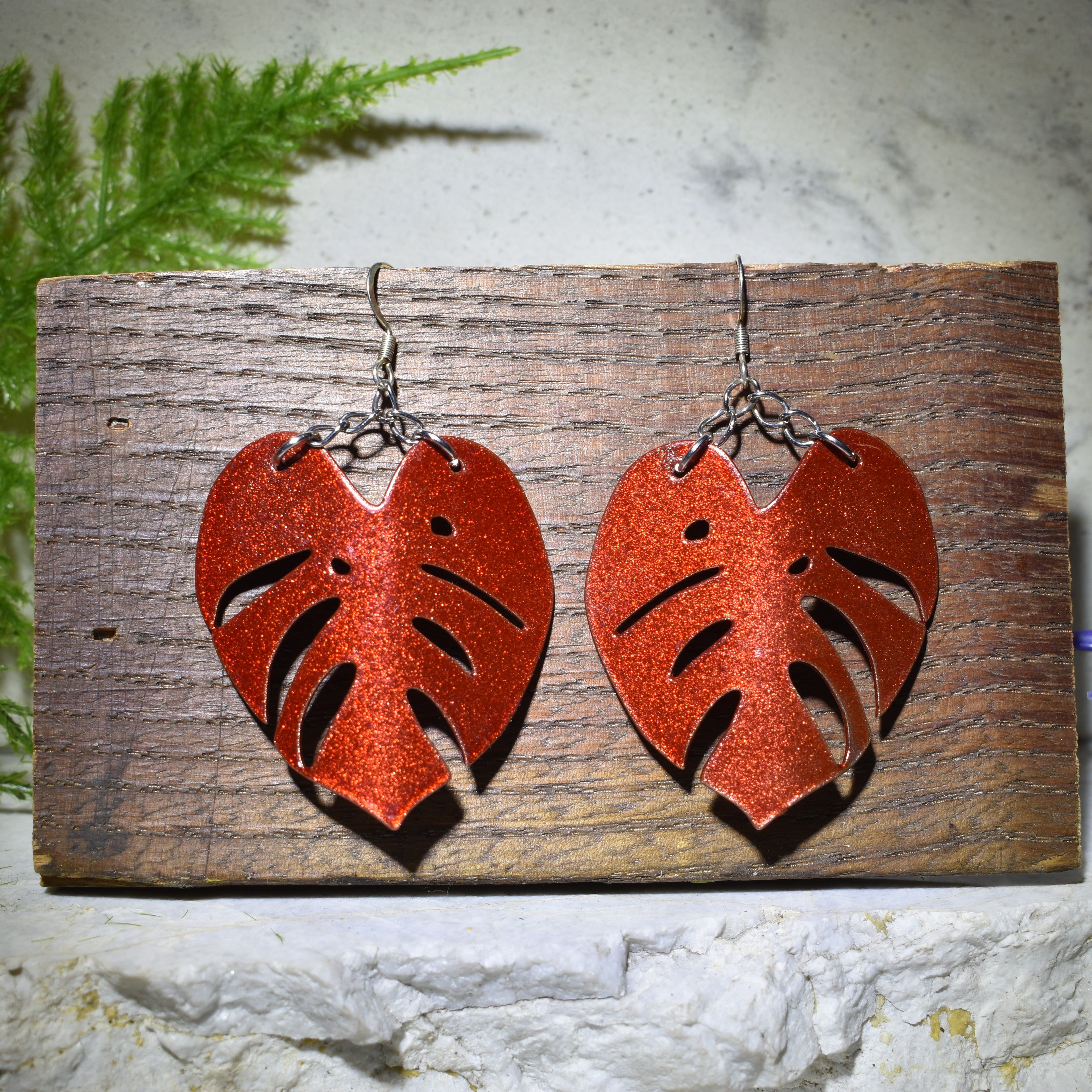 Large Monstera Earrings Sparkling Copper