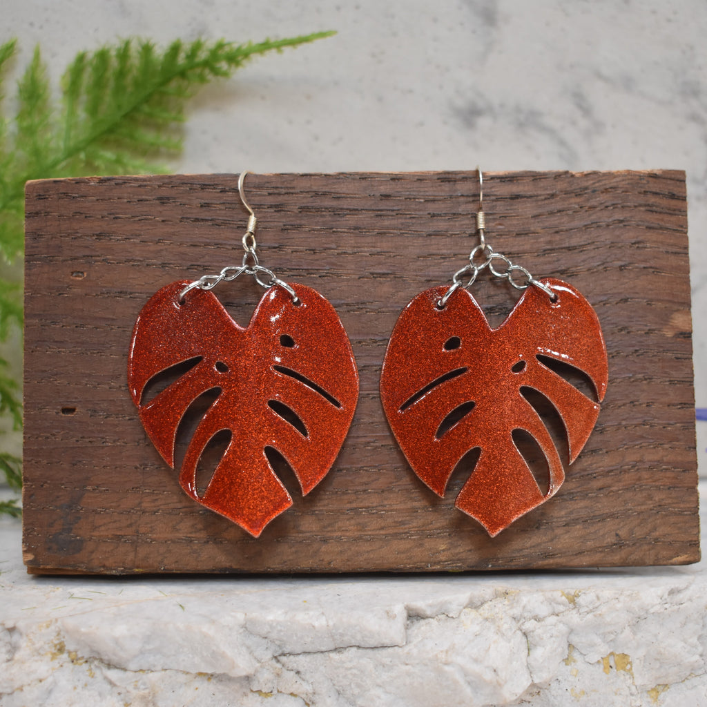 Large Monstera Earrings Sparkling Copper
