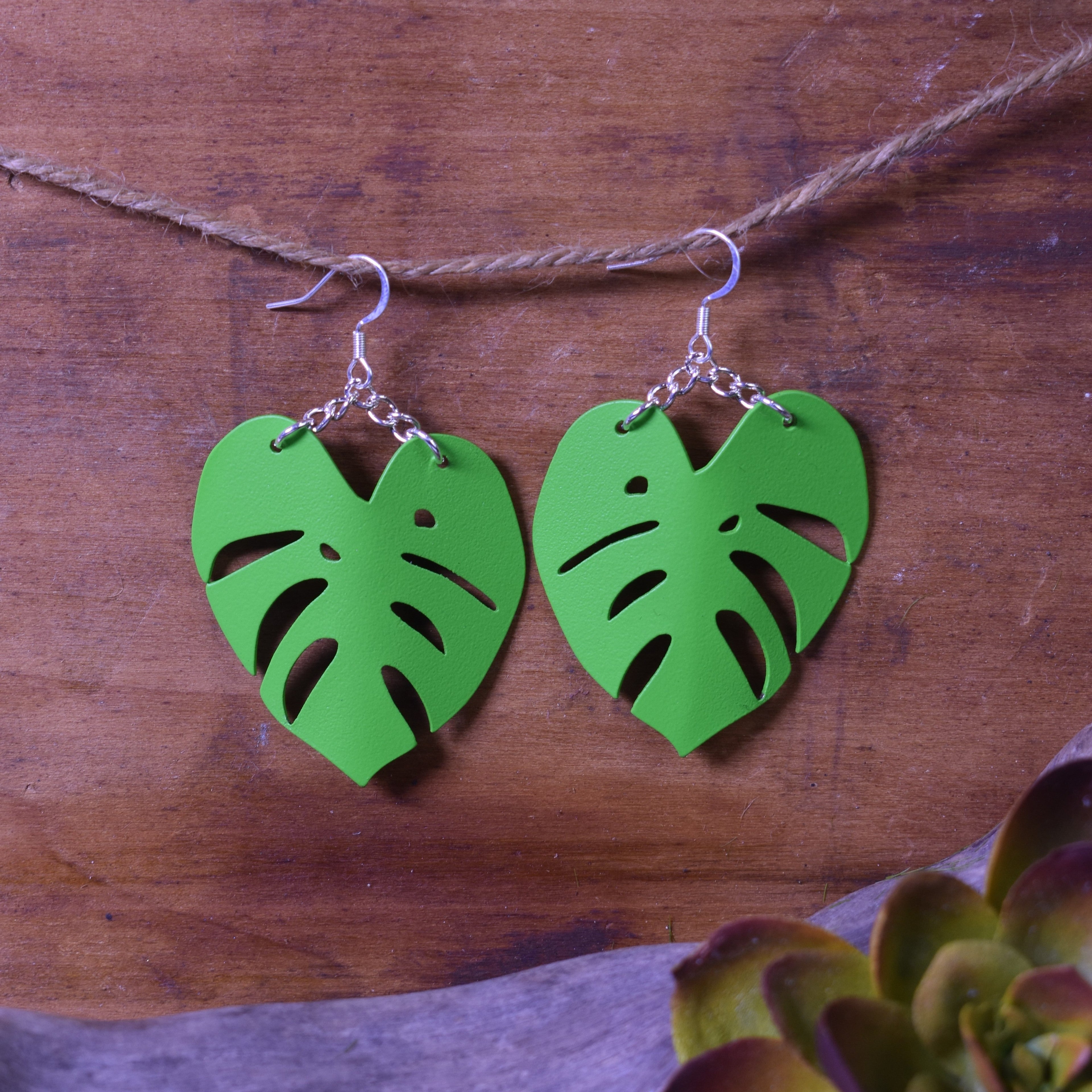 Large Monstera Earring Matte Green