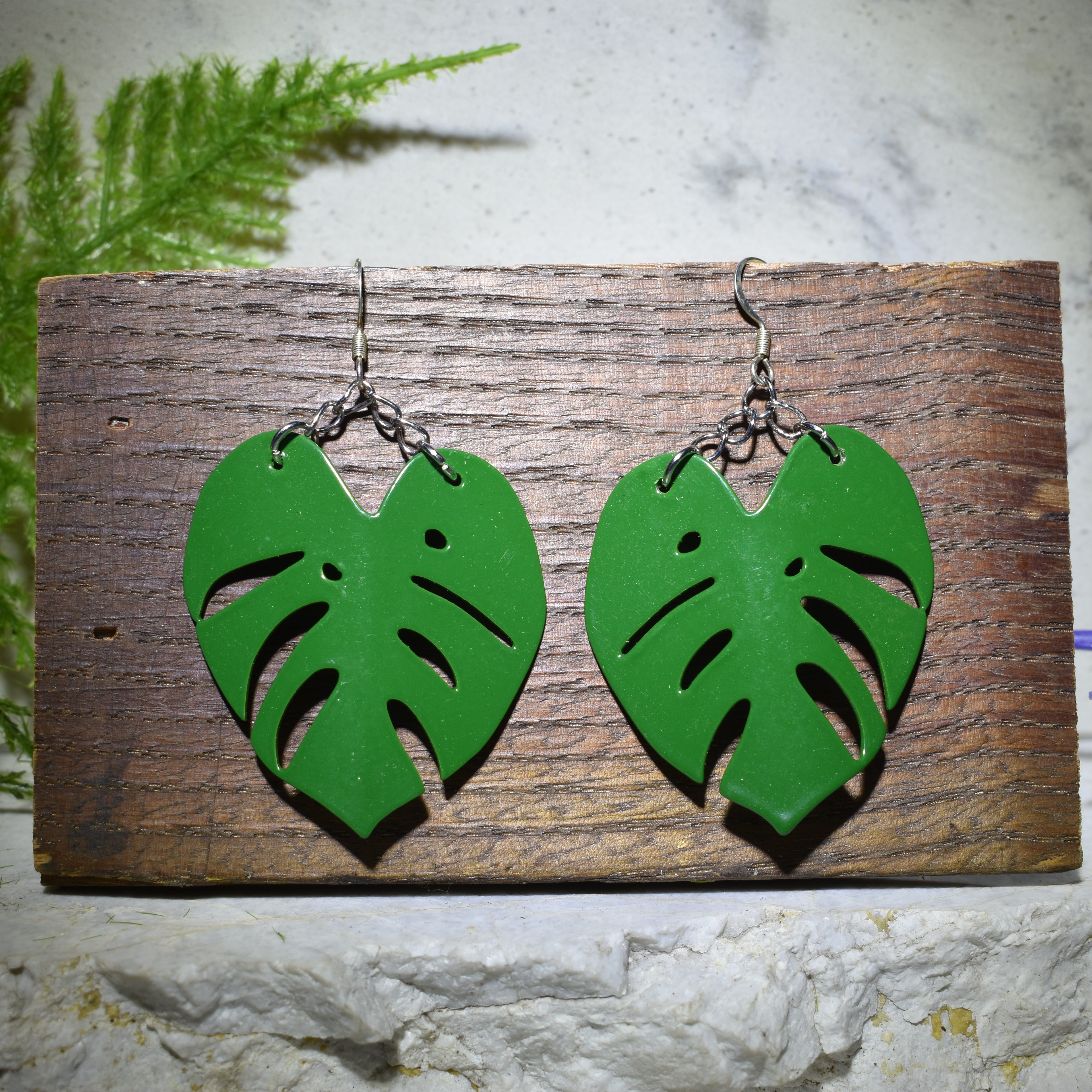 Large Monstera Earrings Fern Green