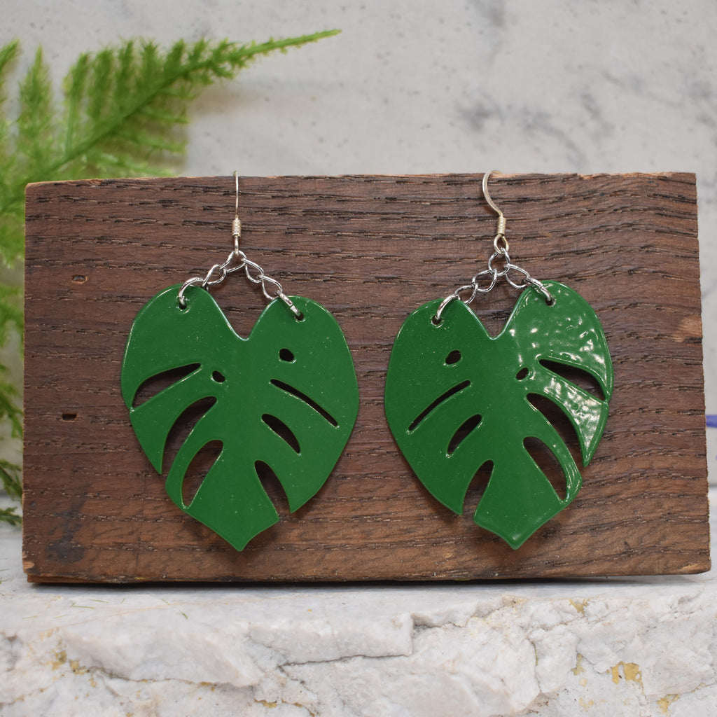 Large Monstera Earrings Fern Green