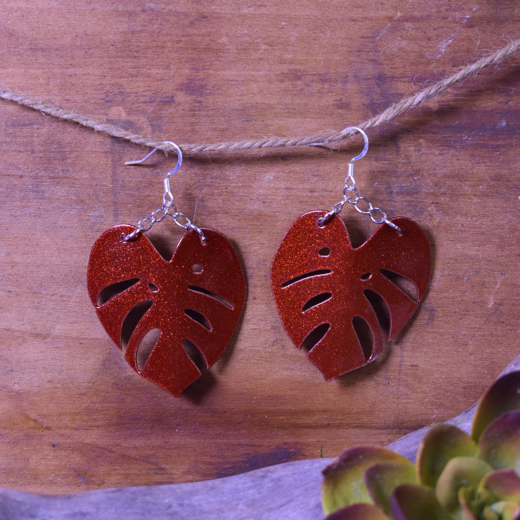 Small Monstera Earring Dormant Sparkle Copper