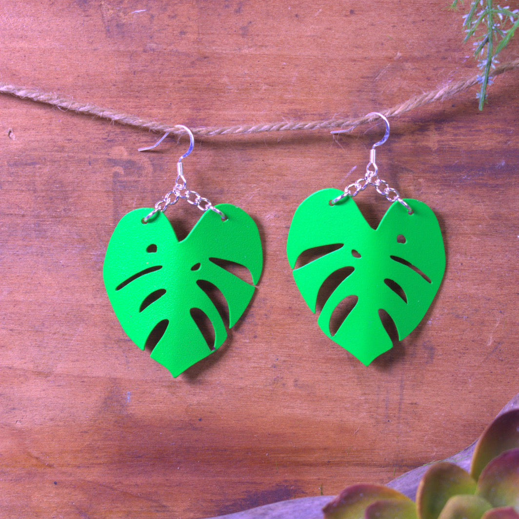 Small Monstera Earrings matte green