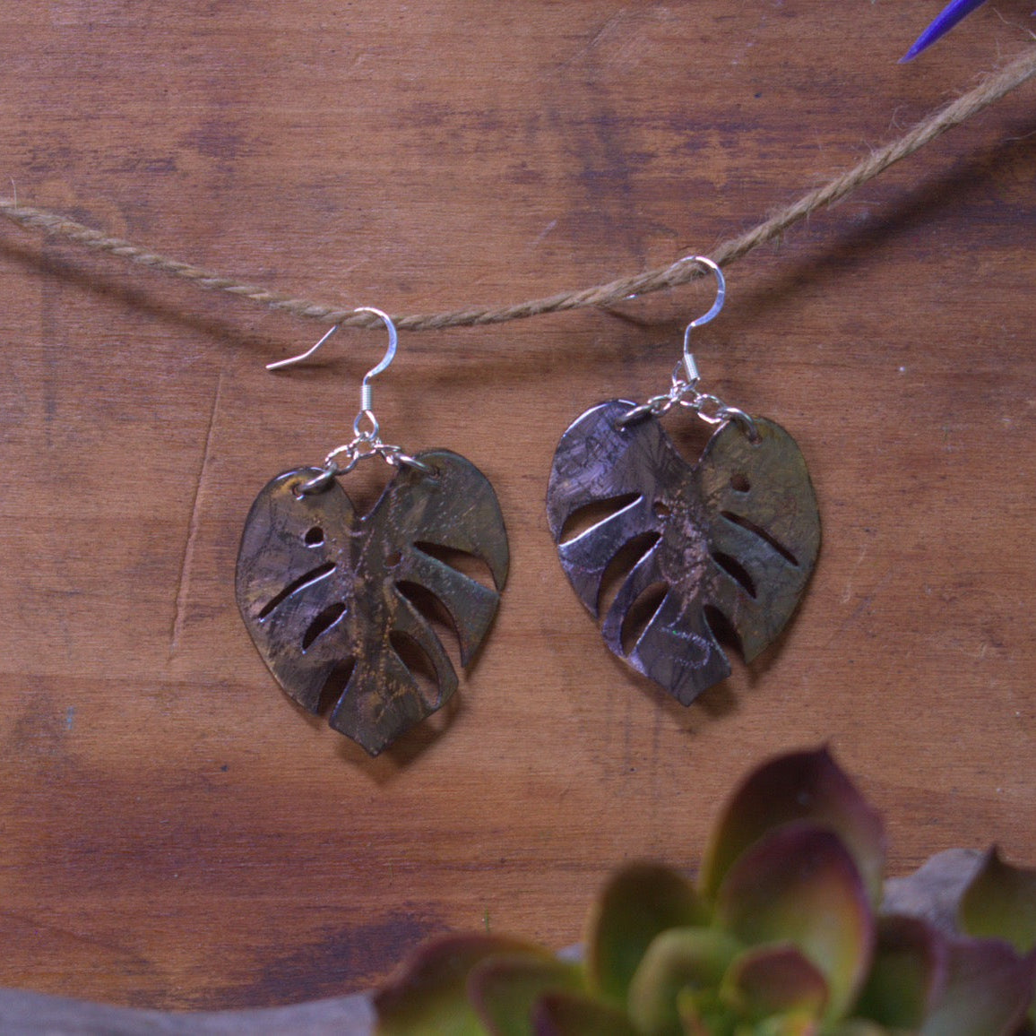Small Annealed Monstera earrings