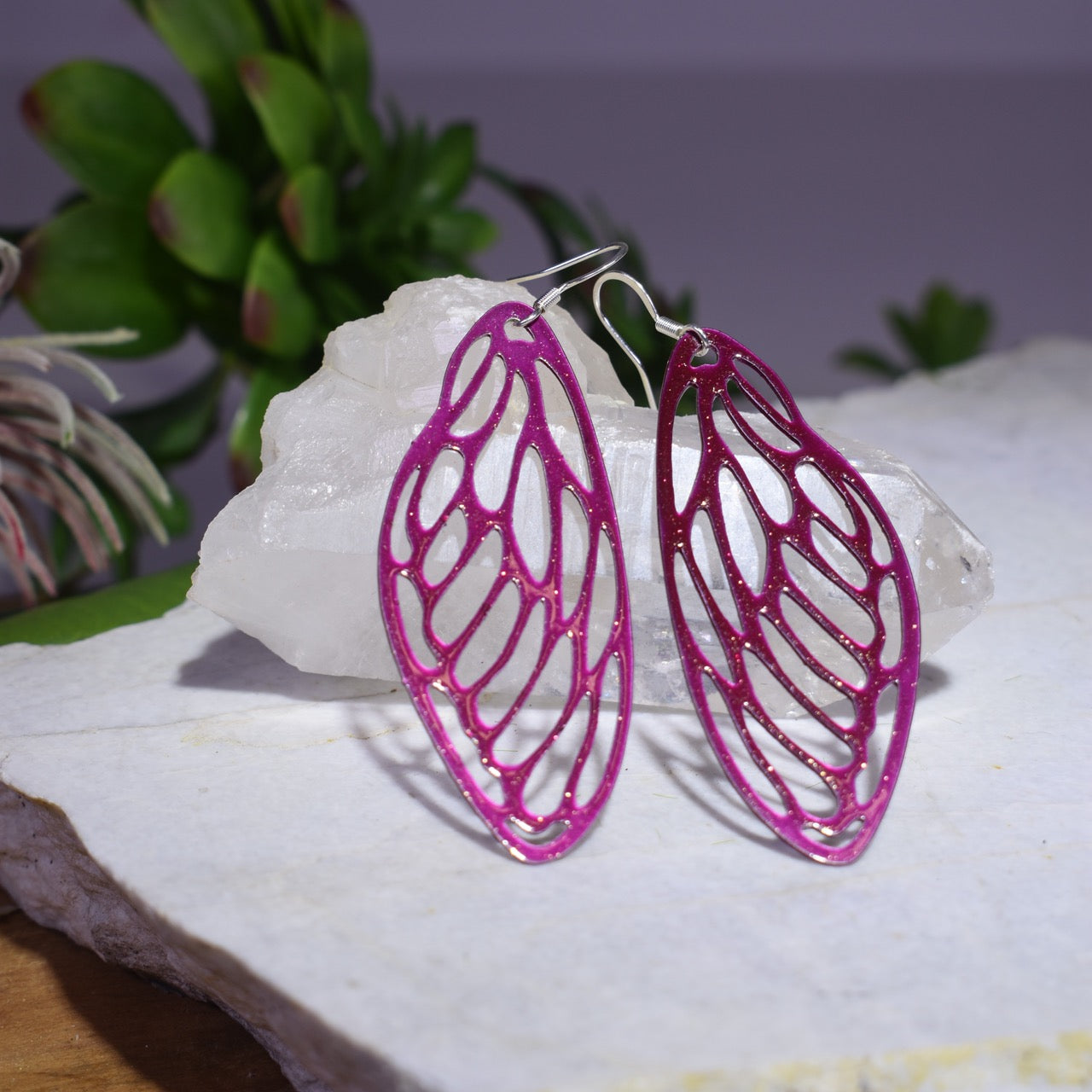 Small Cicada Wing Earrings in Raspberry