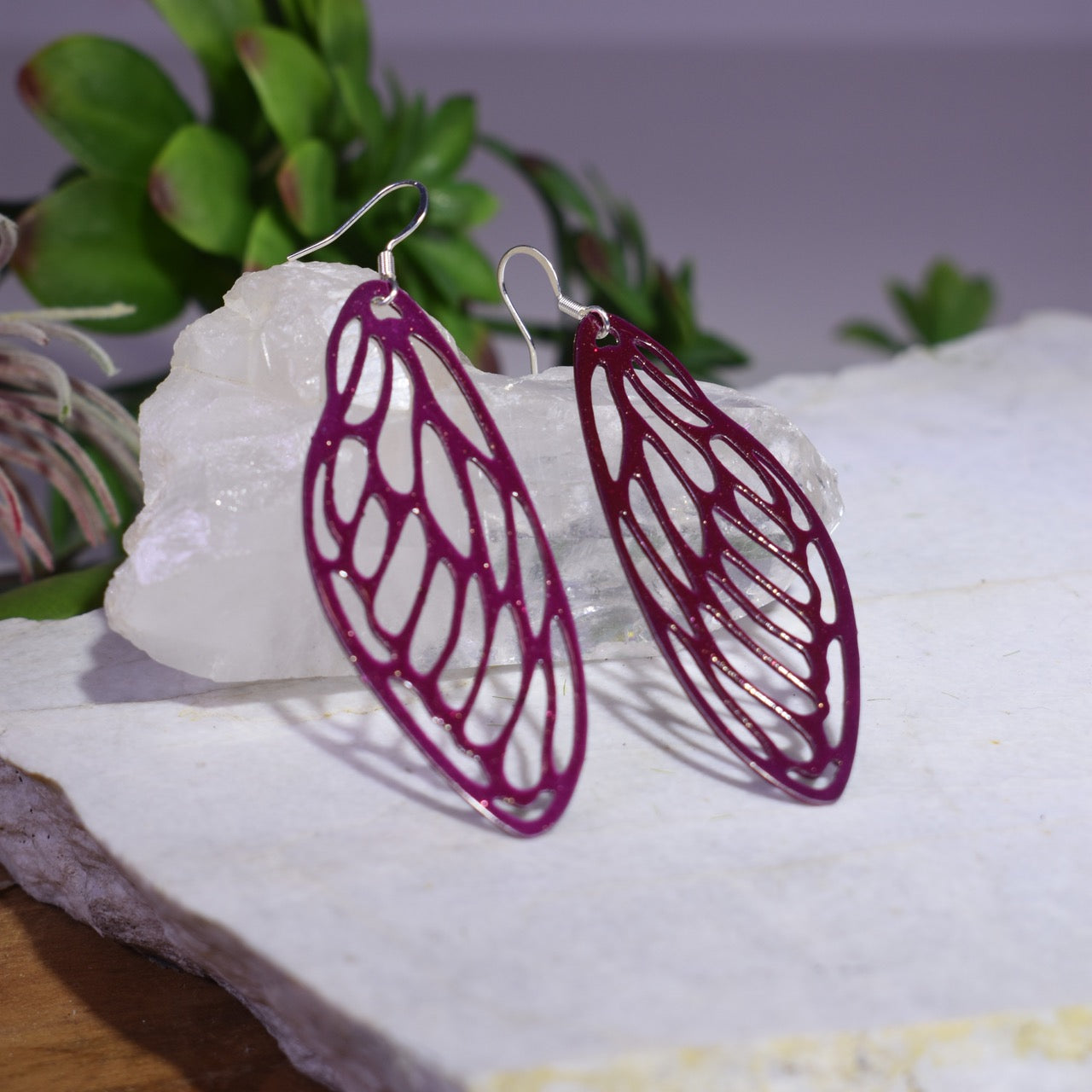 Large Cicada Wing Earrings in Raspberry
