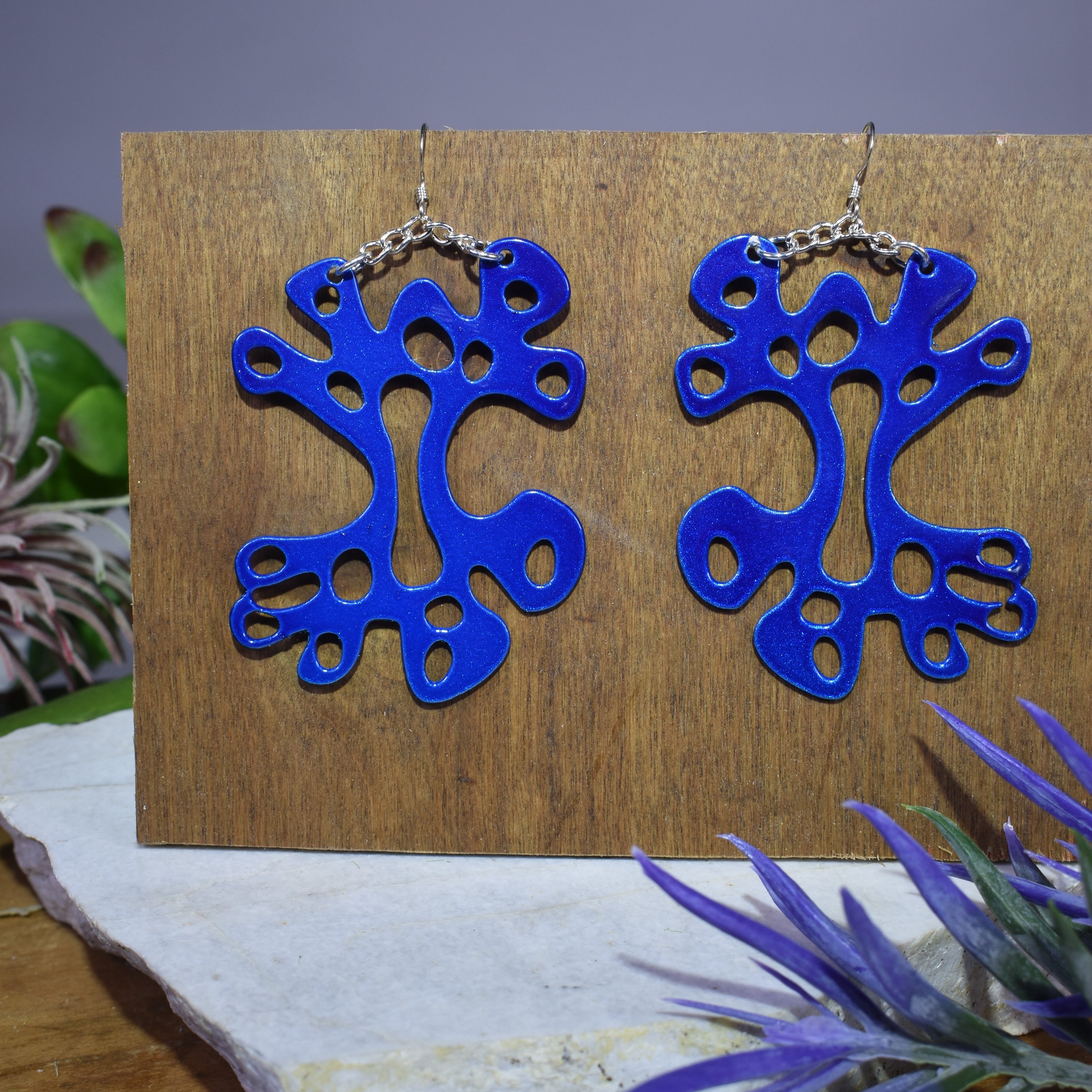 Big Amoeba Illusion Blue Earrings