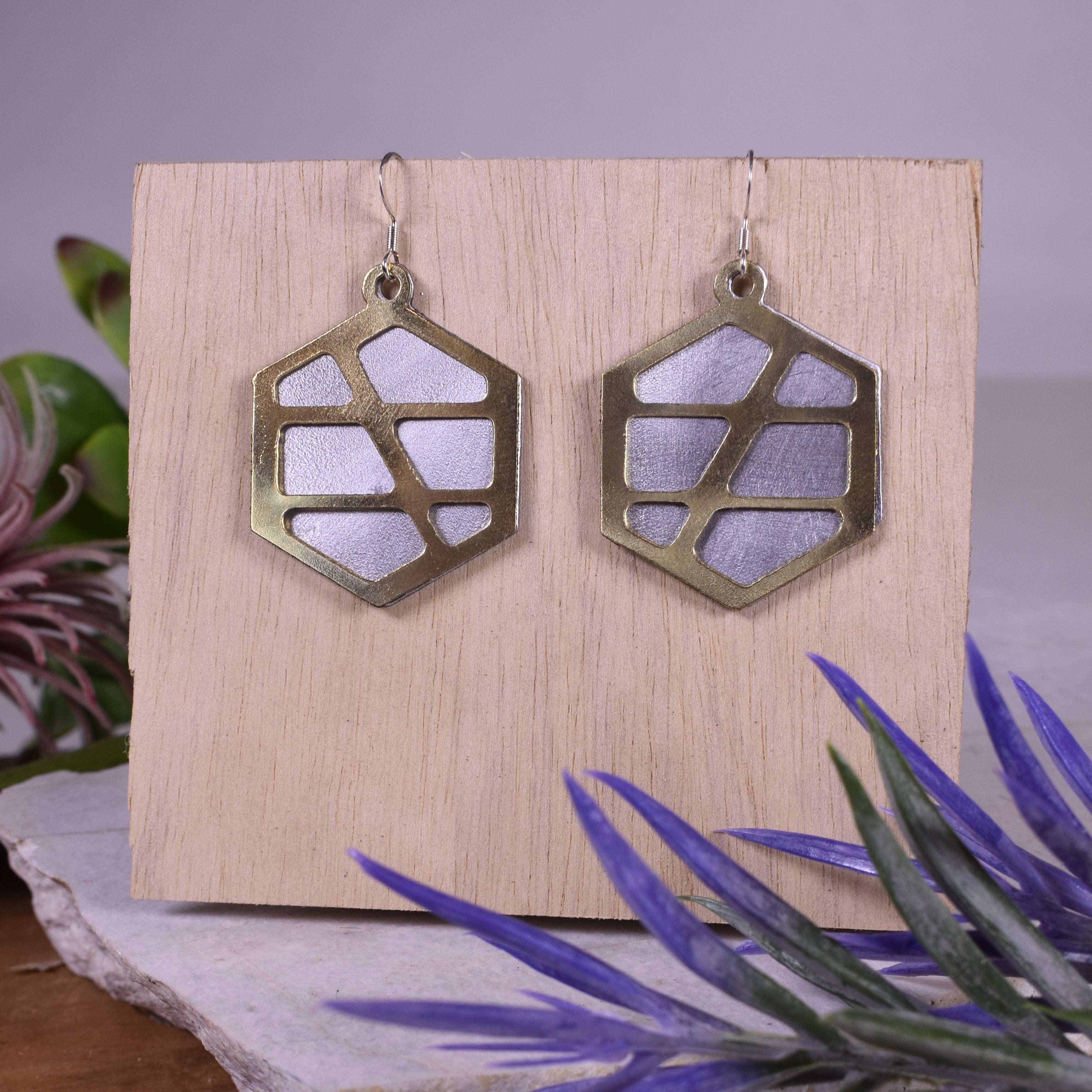 Hex Grid Earrings Brass & Aluminum