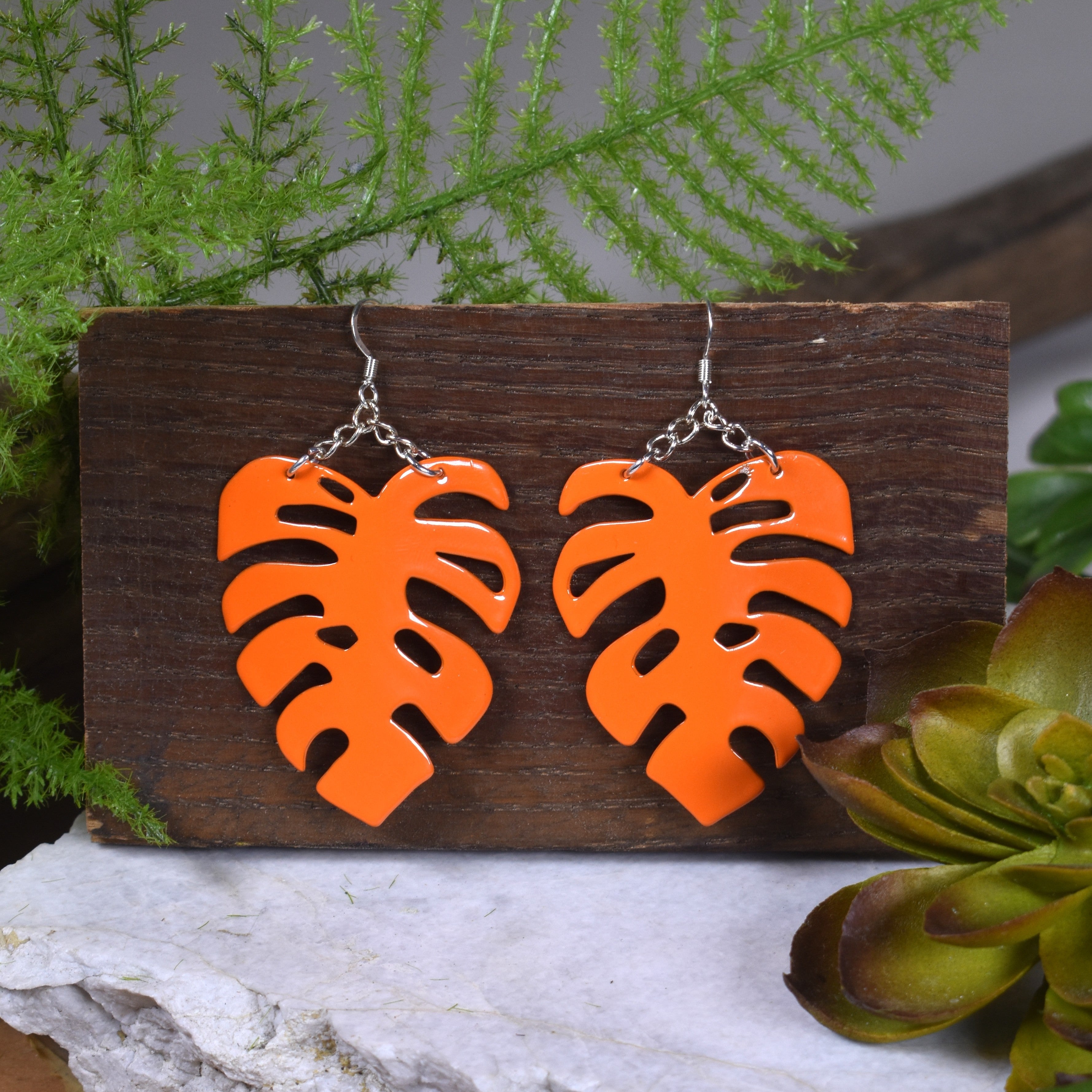 Gloss Orange Large Monstera Earrings