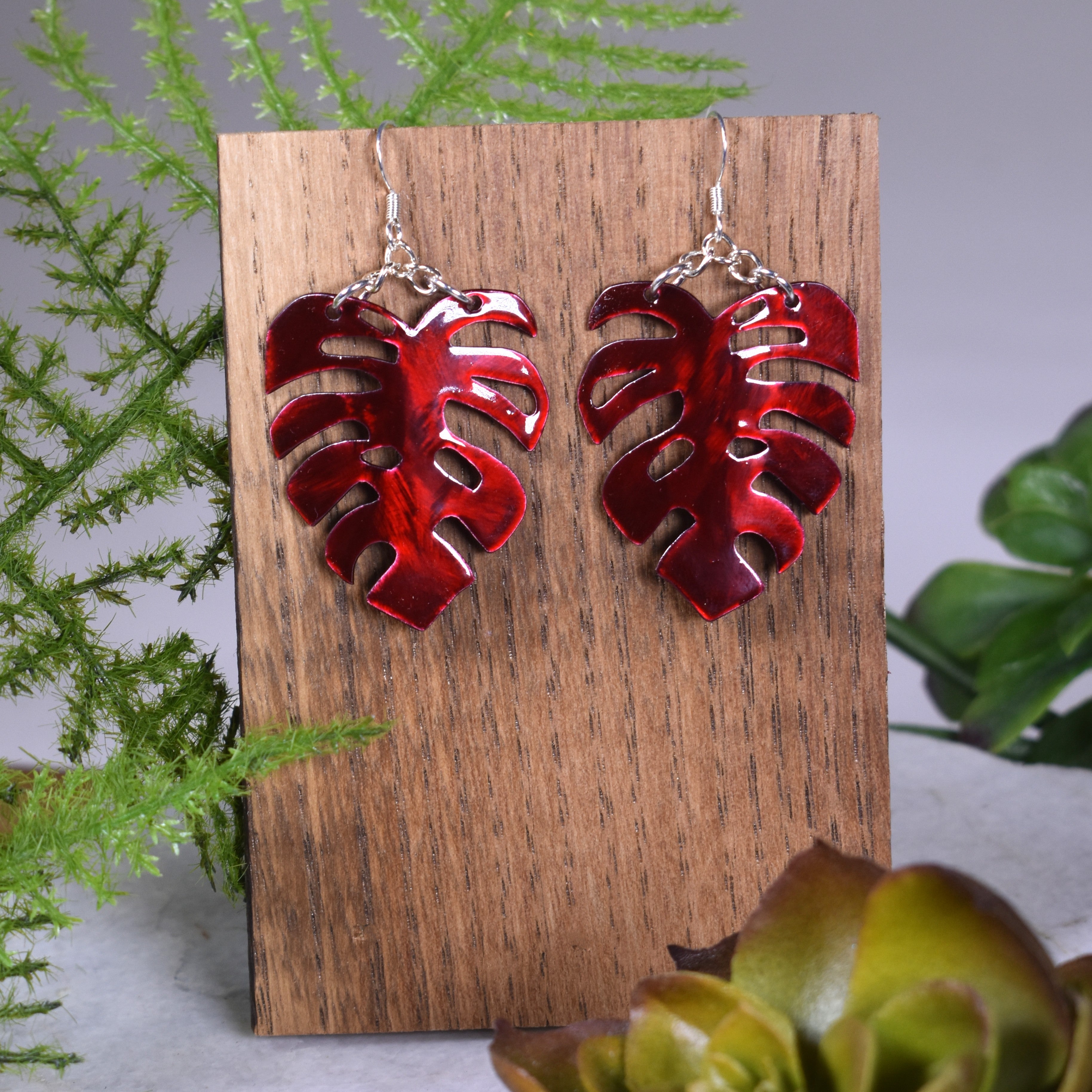 Candy Red Small Monstera Earrings