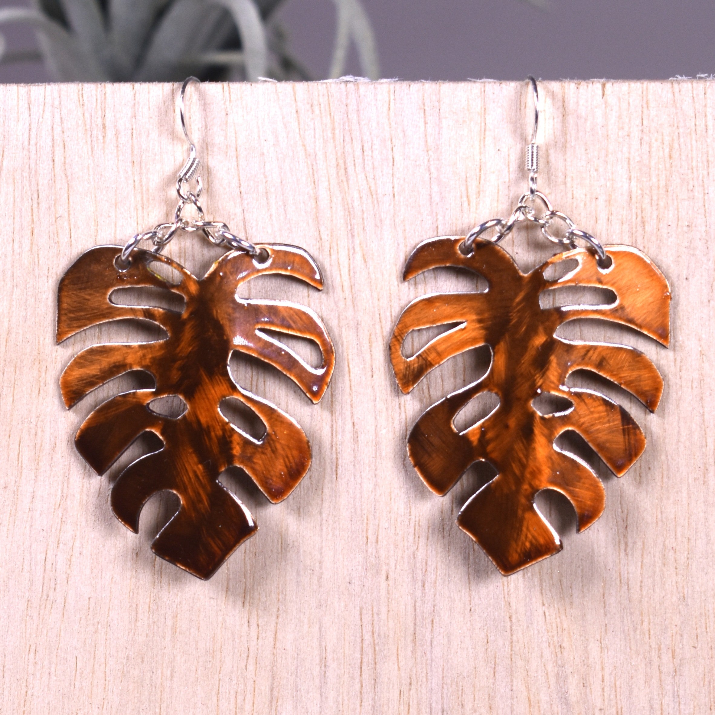 Burnt Orange Monstera Earrings Small
