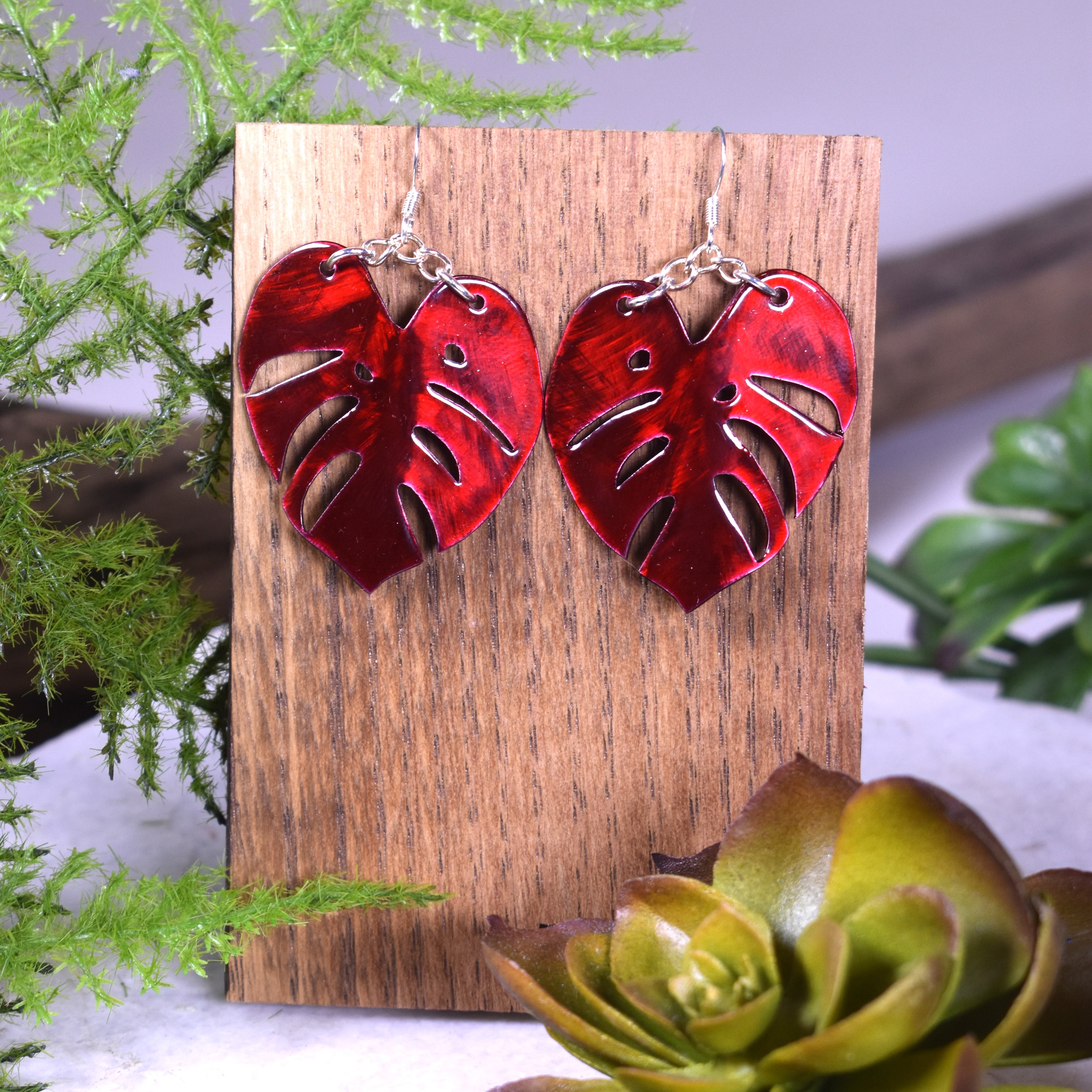 Candy Red Small Monstera Earrings