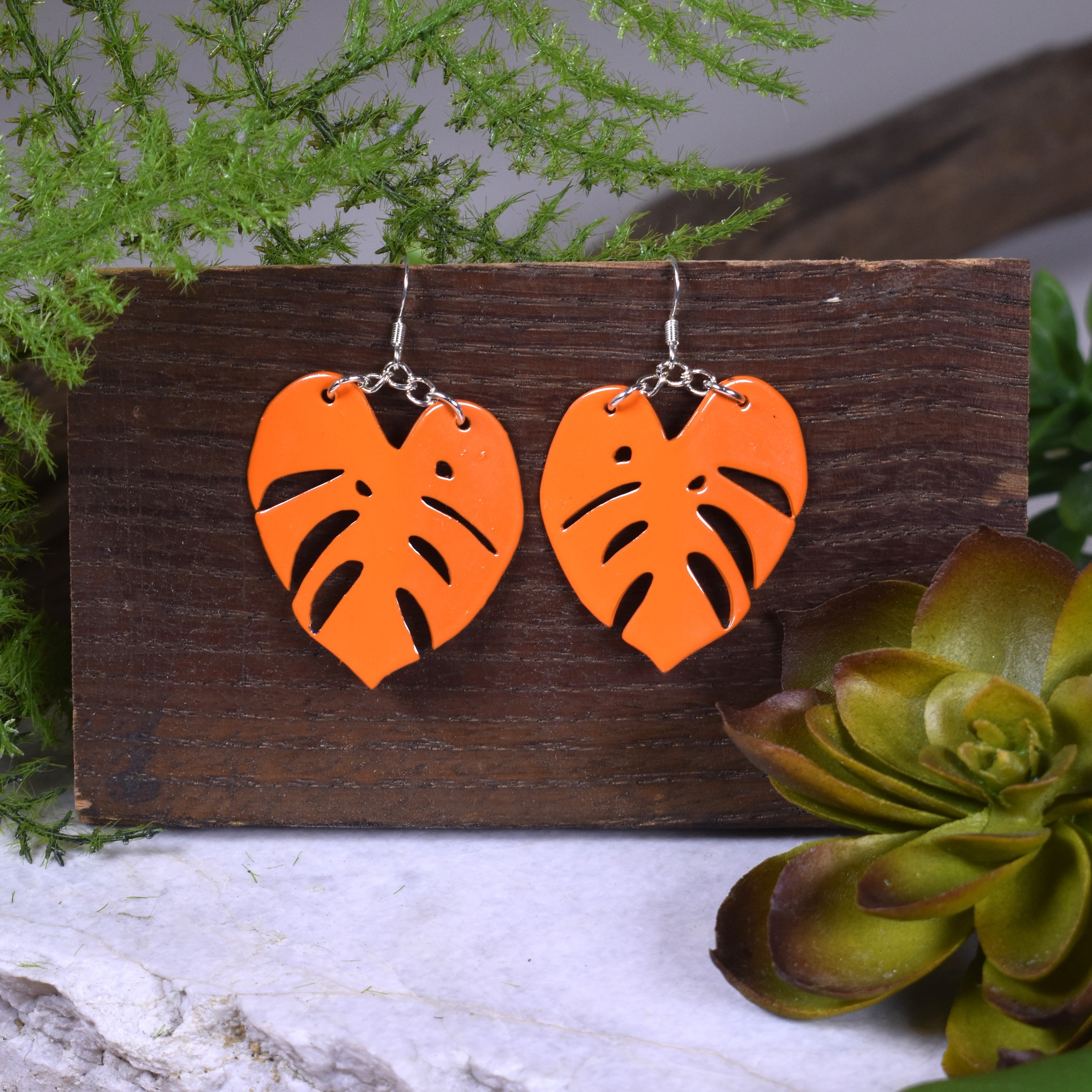 Glossy Orange Small Monstera Earrings