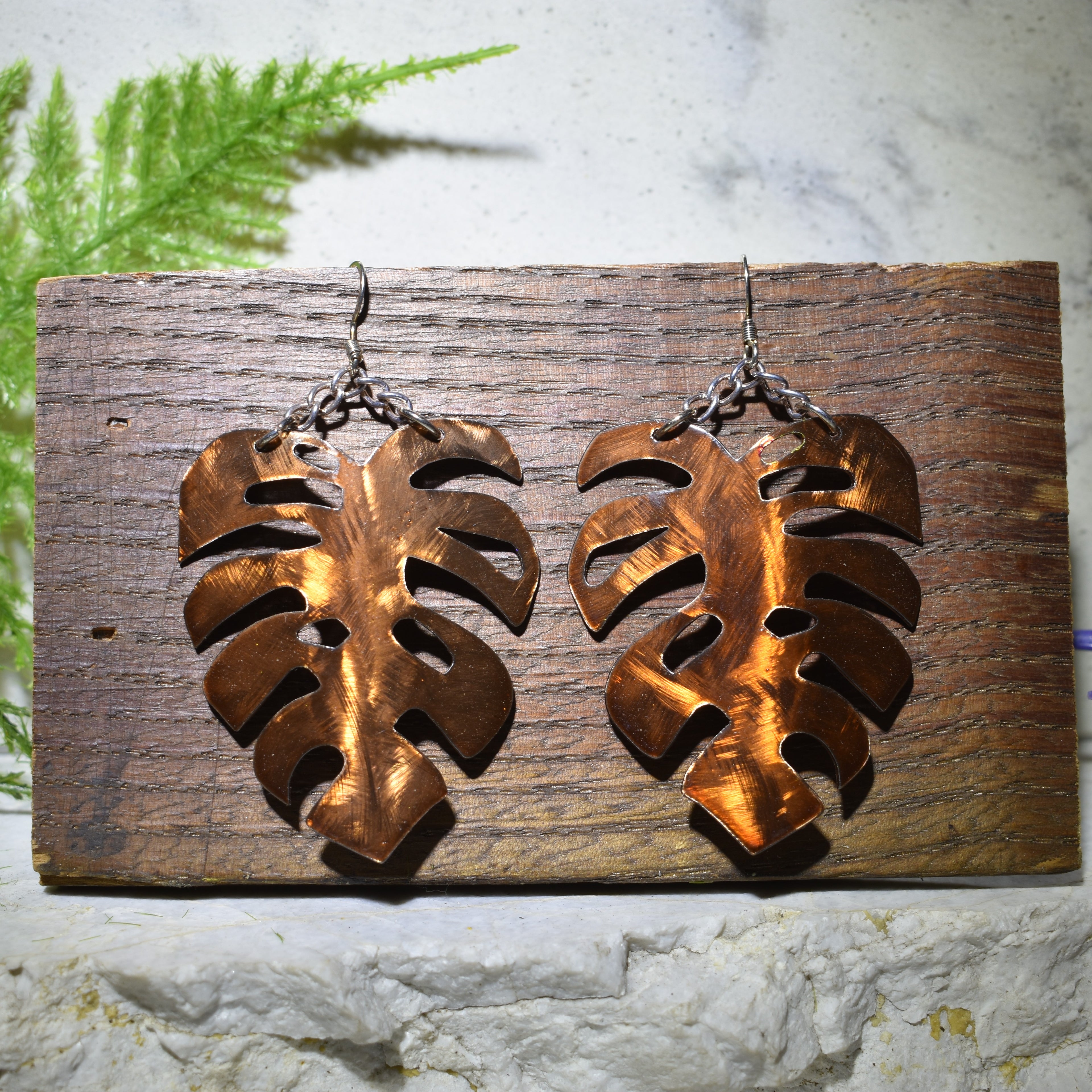 Large Monstera Earrings Burnt Orange