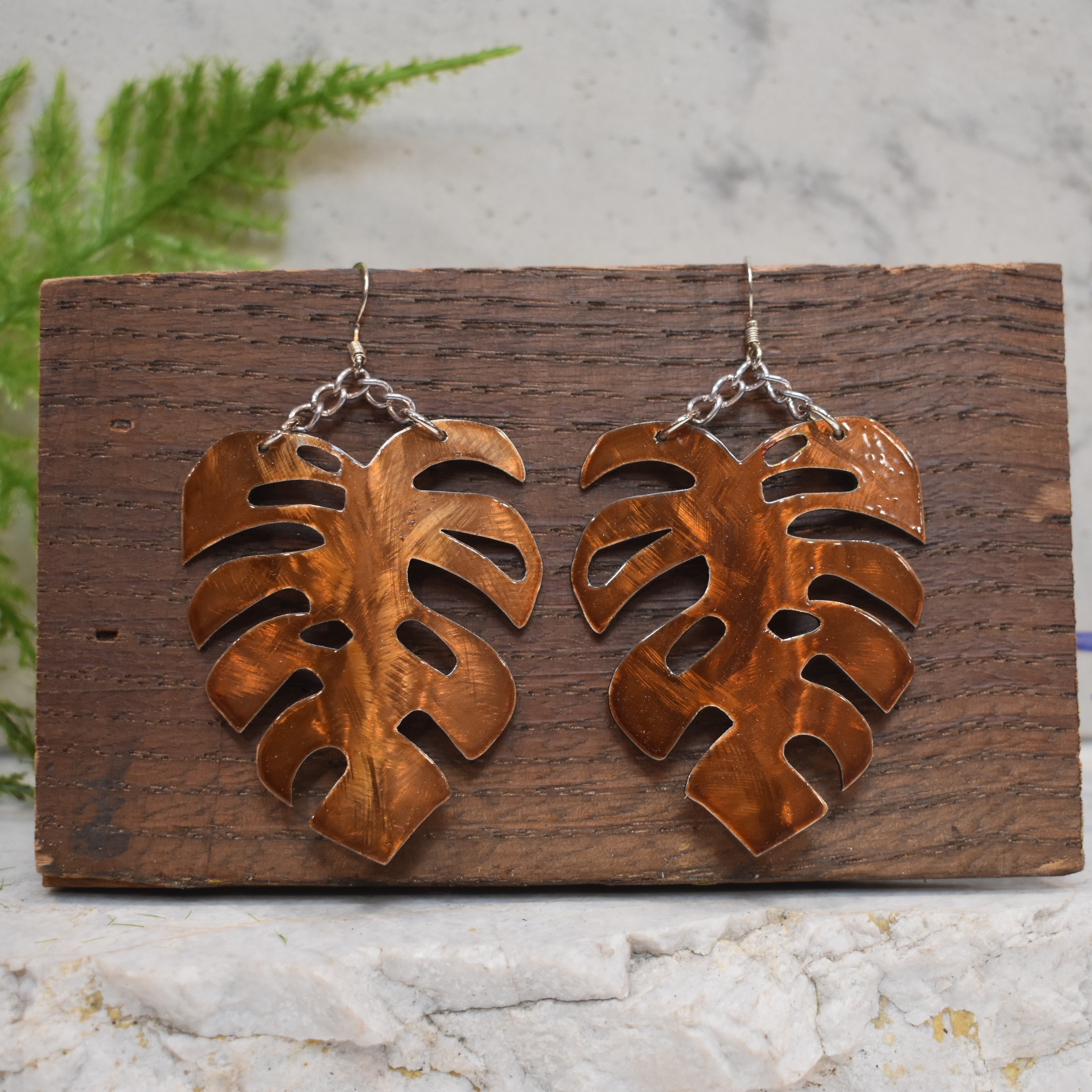 Large Monstera Earrings Burnt Orange