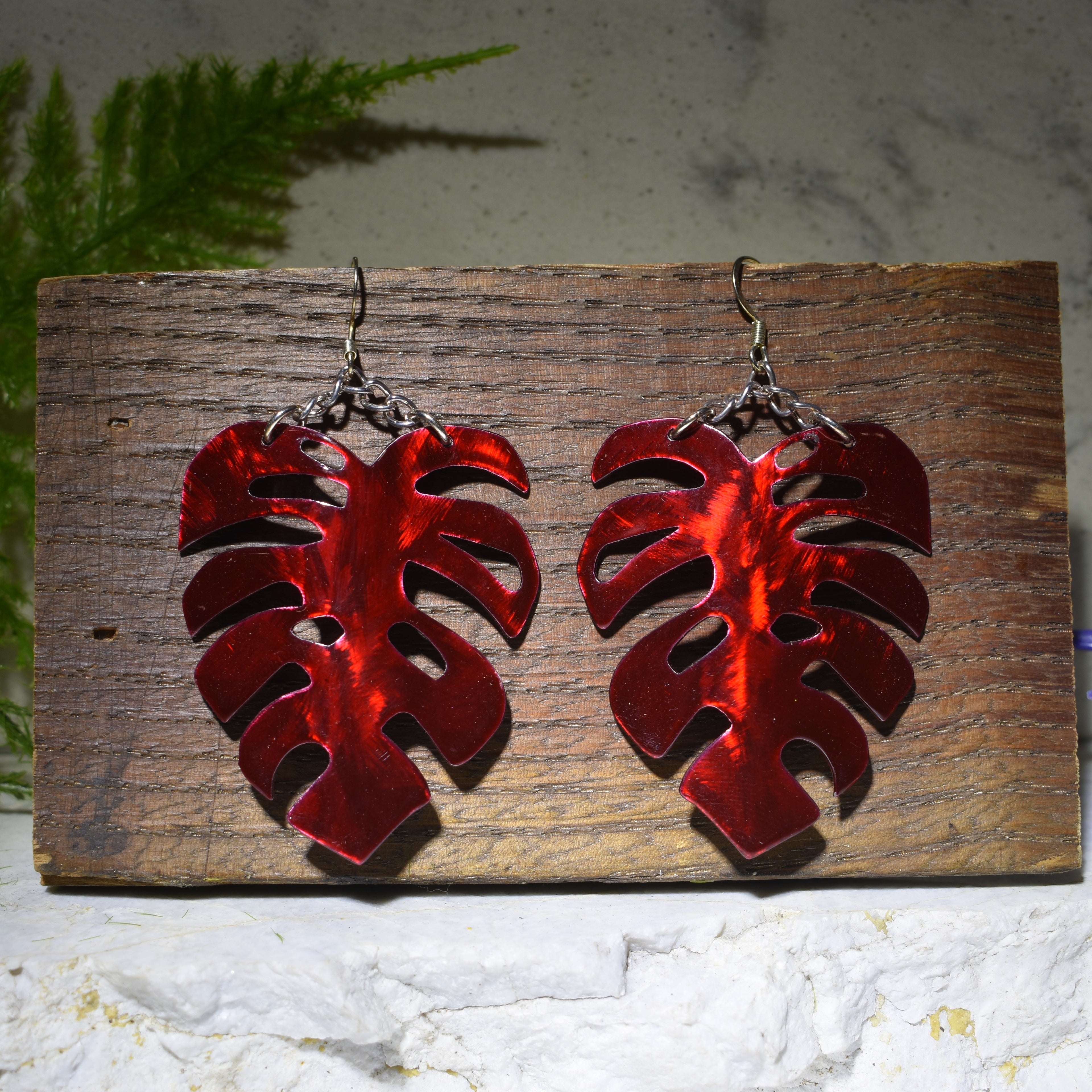 Large Monstera Earrings Candy Red
