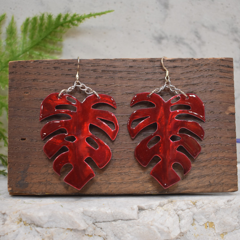 Large Monstera Earrings Candy Red