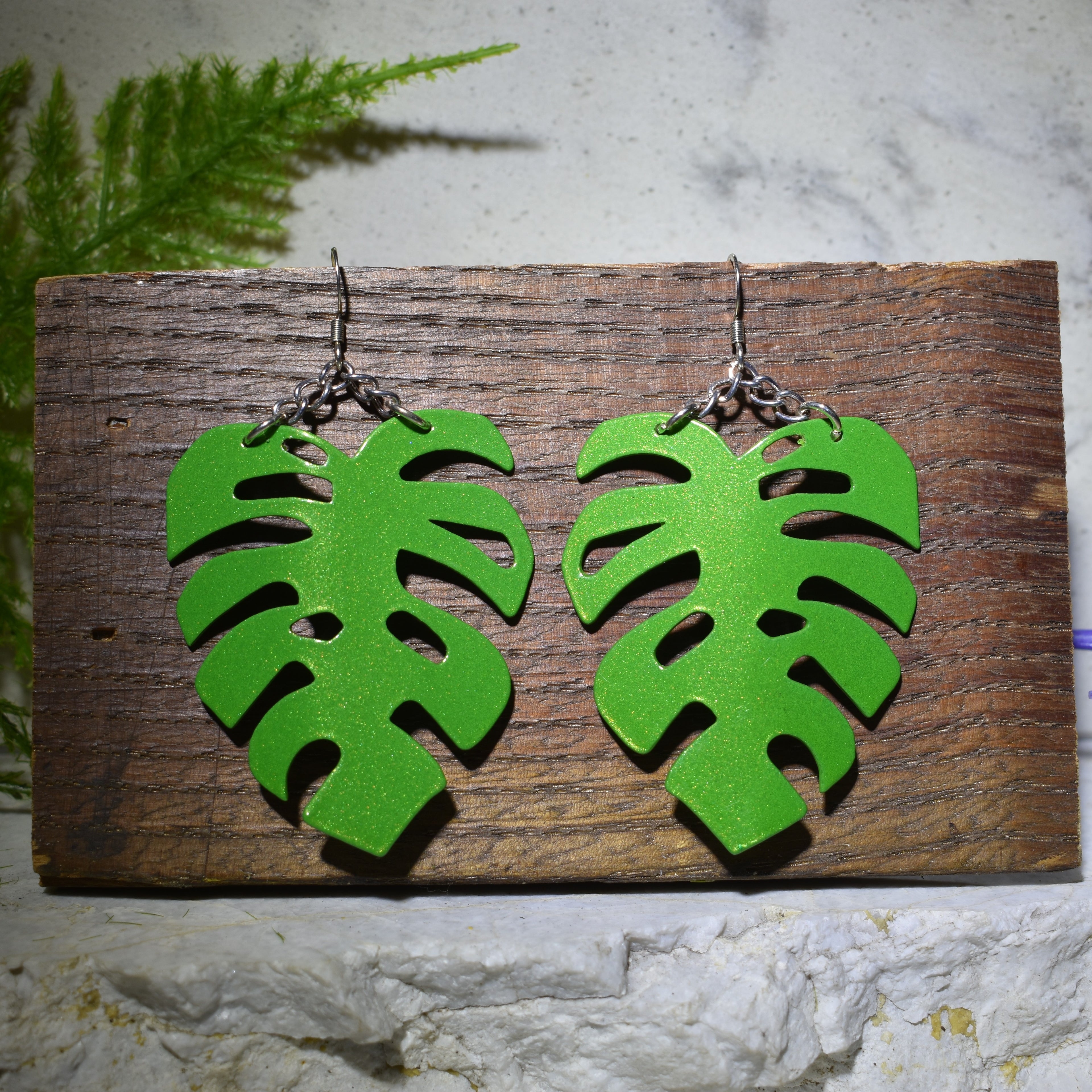 Large Monstera Earrings Metallic Green
