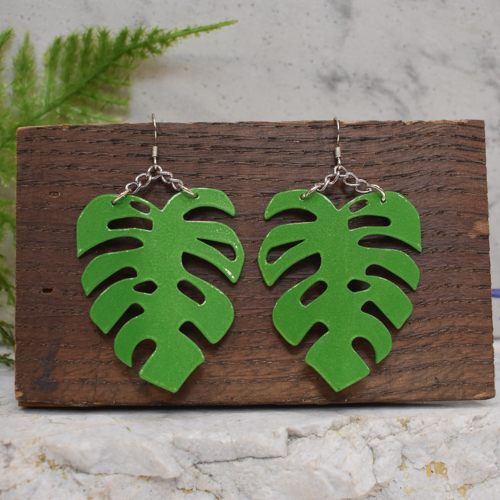 Large Monstera Earrings Metallic Green