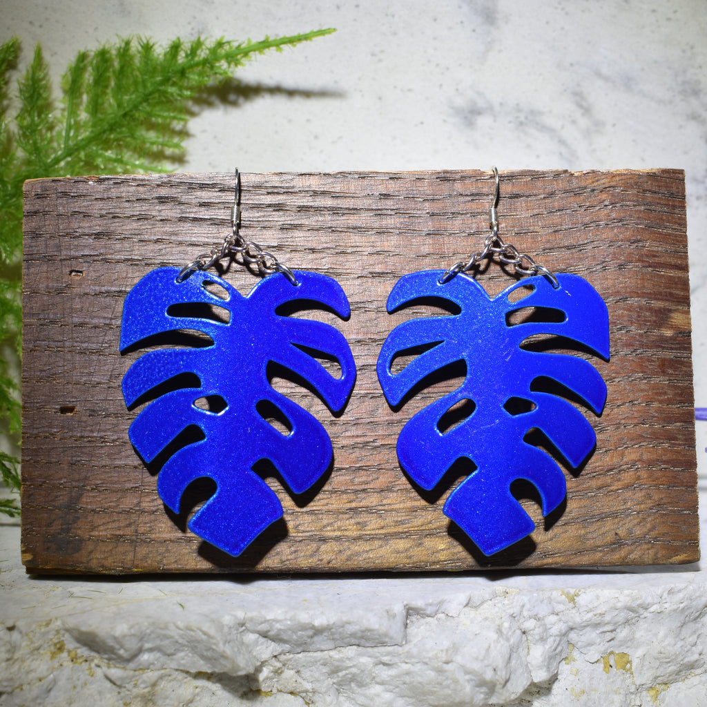 Large Monstera Earrings Vibrant Blue