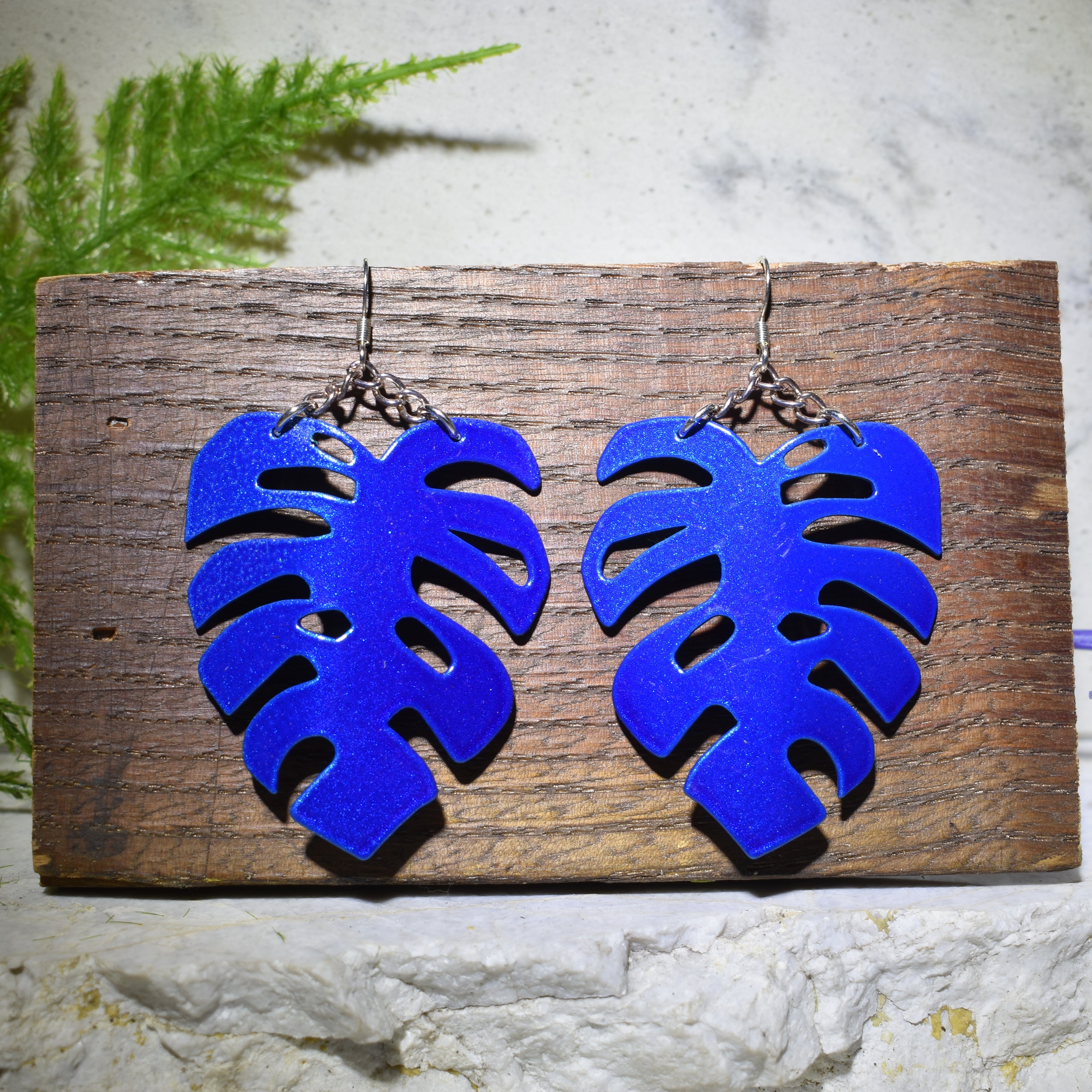 Large Monstera Earrings Vibrant Blue