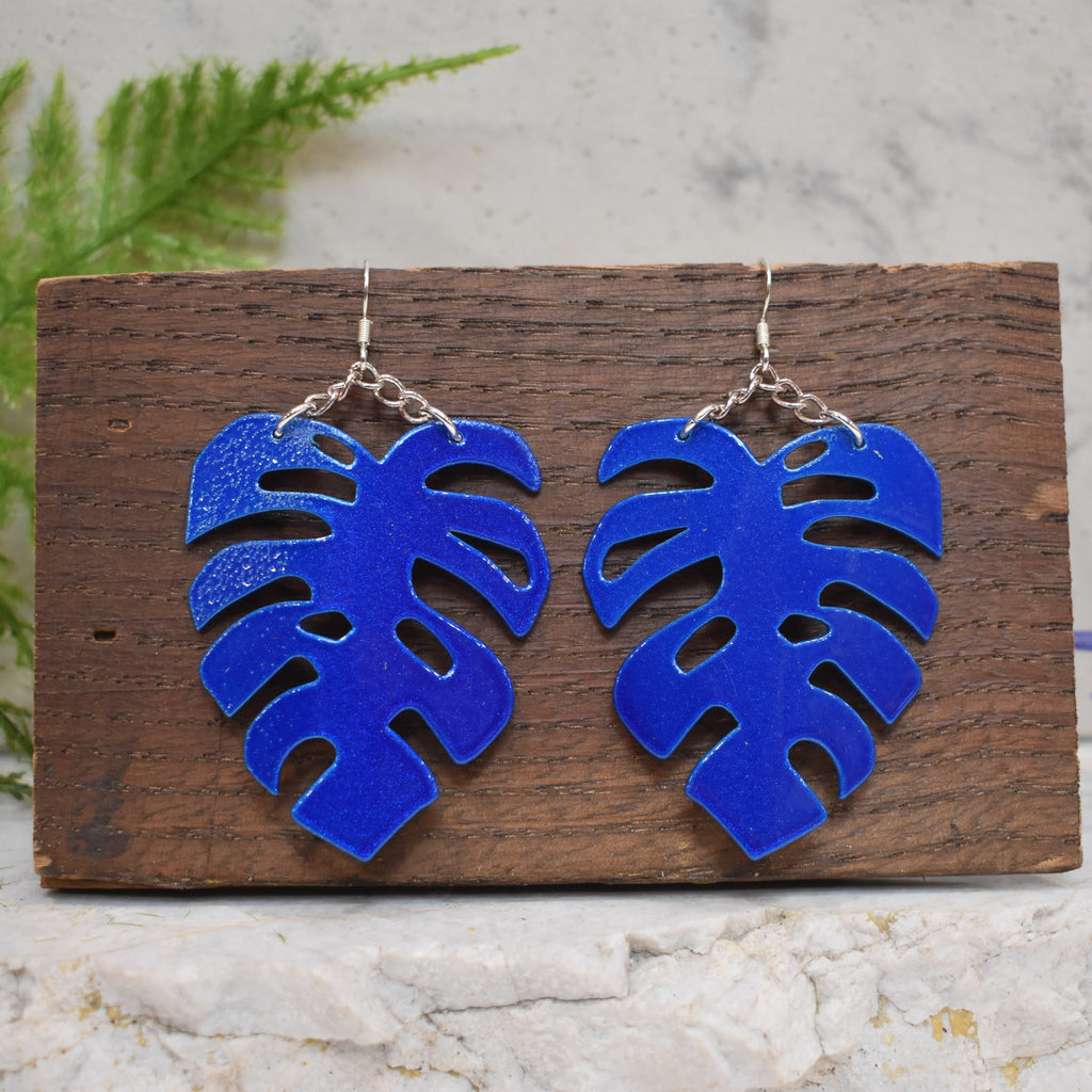 Large Monstera Earrings Vibrant Blue