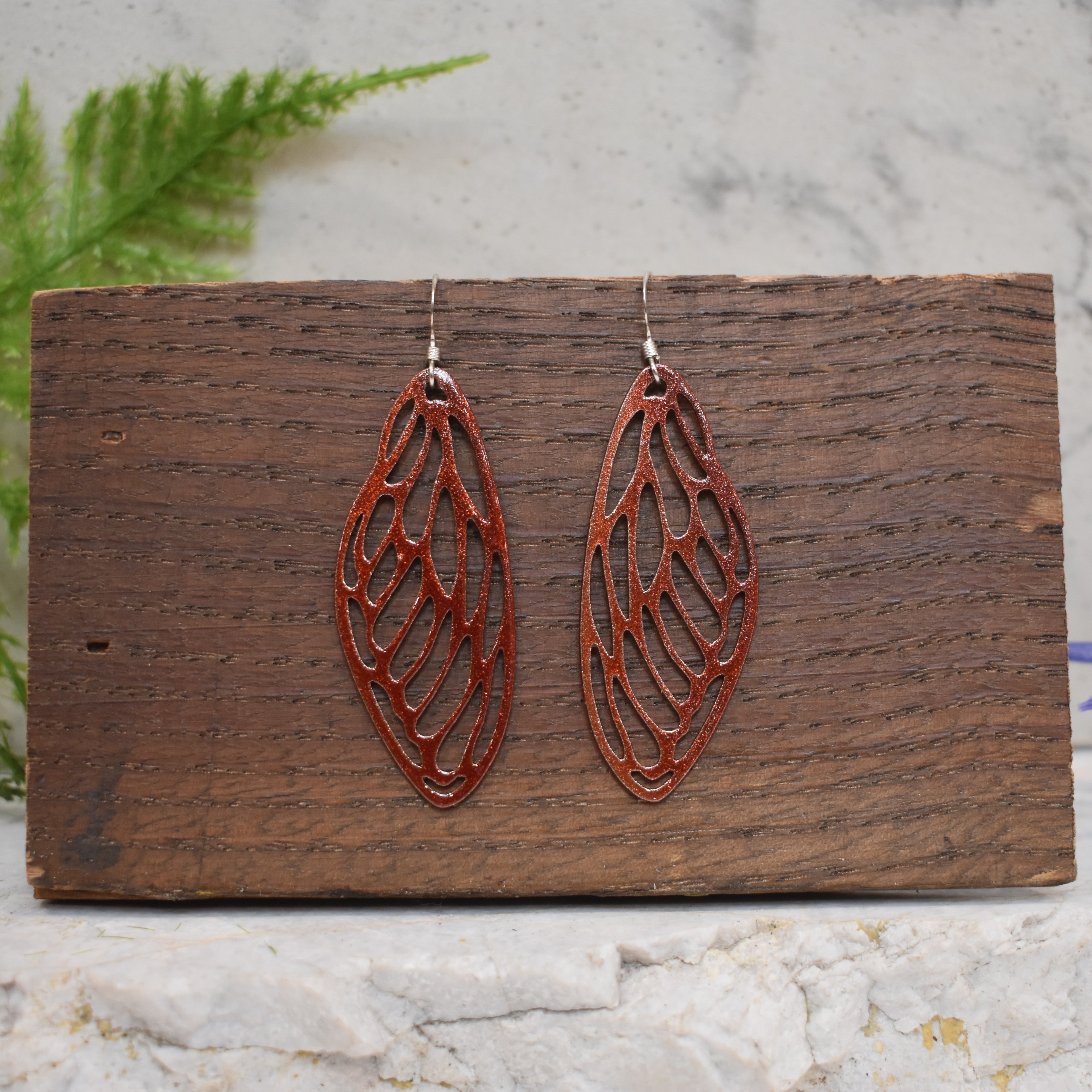 Small Cicada Wing Earrings Sparkling Copper