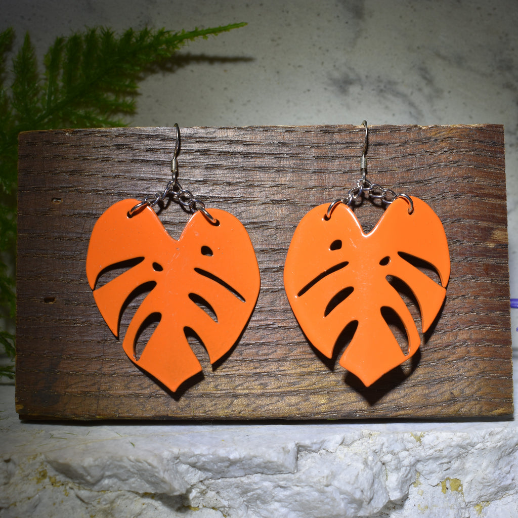 Large Monstera Earrings Gloss Orange