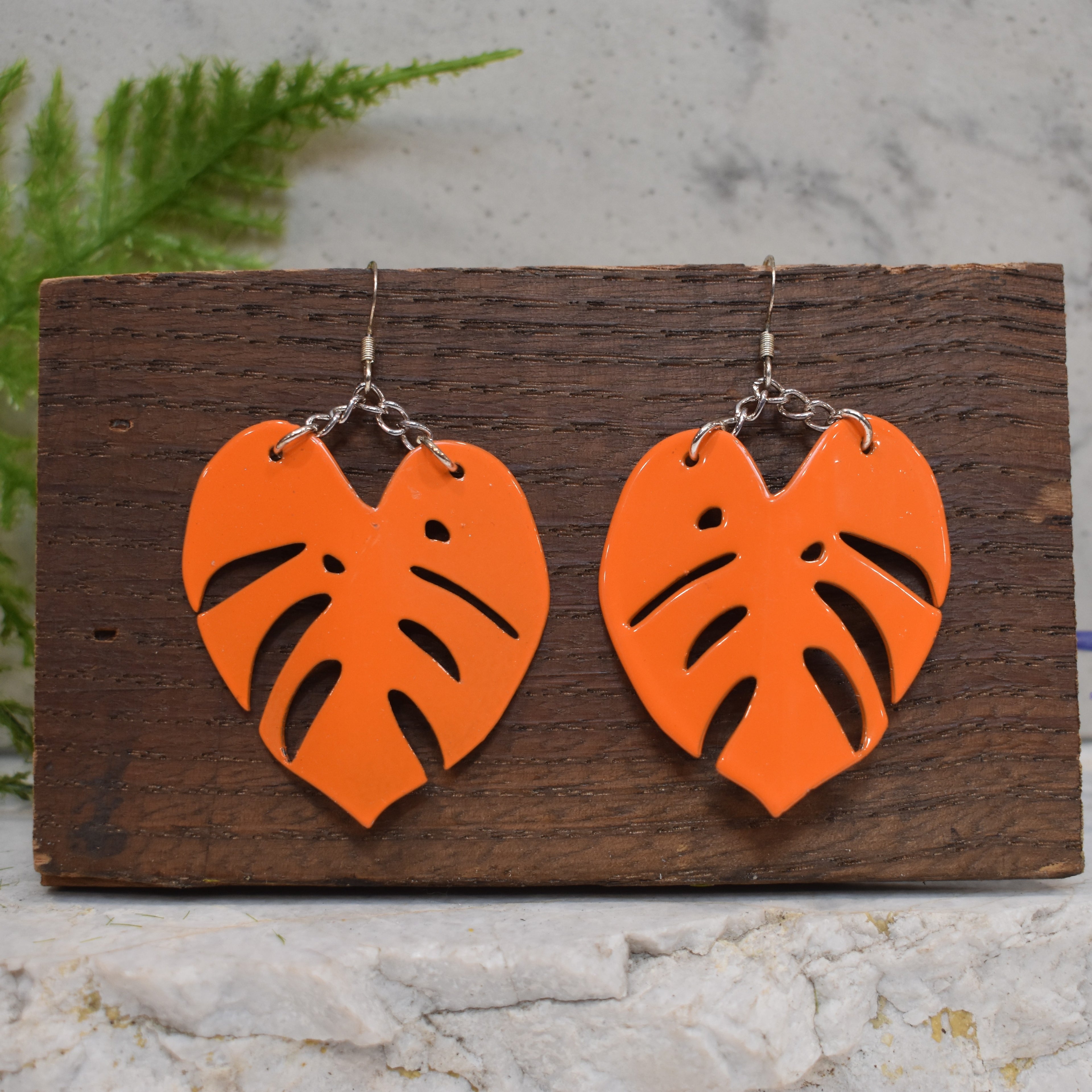 Large Monstera Earrings Gloss Orange