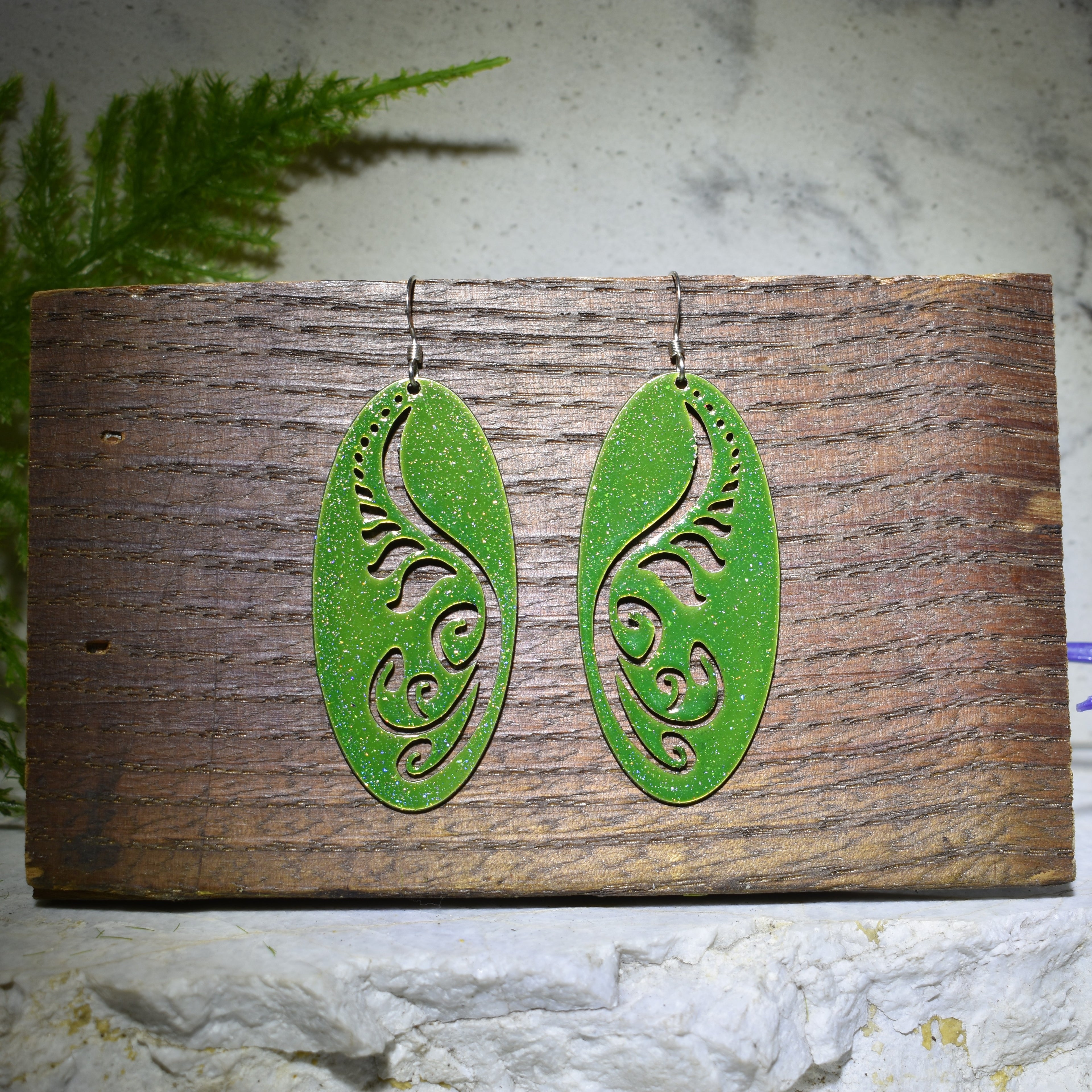 Filagree Fiddlehead Fern Drop Earrings Sparkling Green
