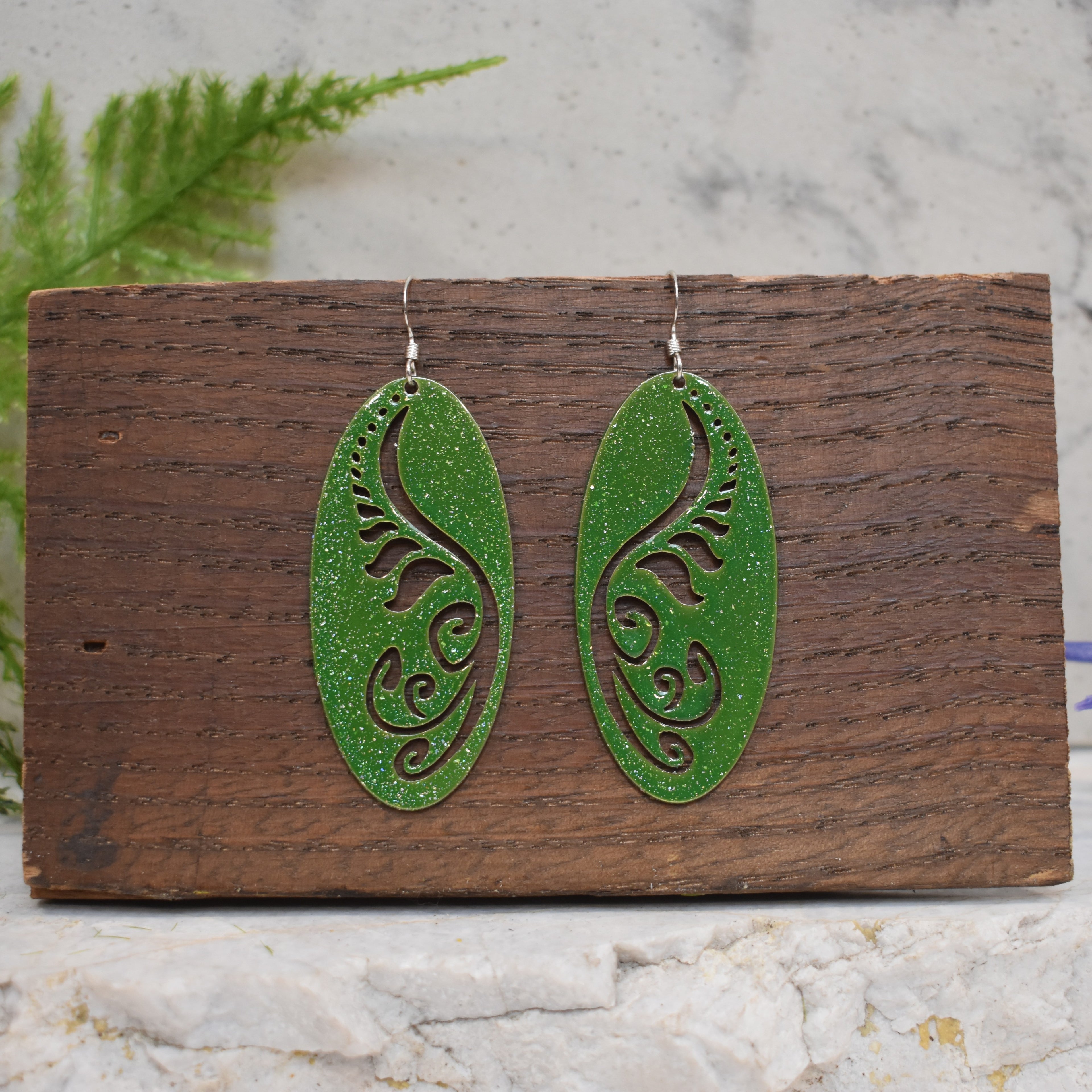 Filagree Fiddlehead Fern Drop Earrings Sparkling Green